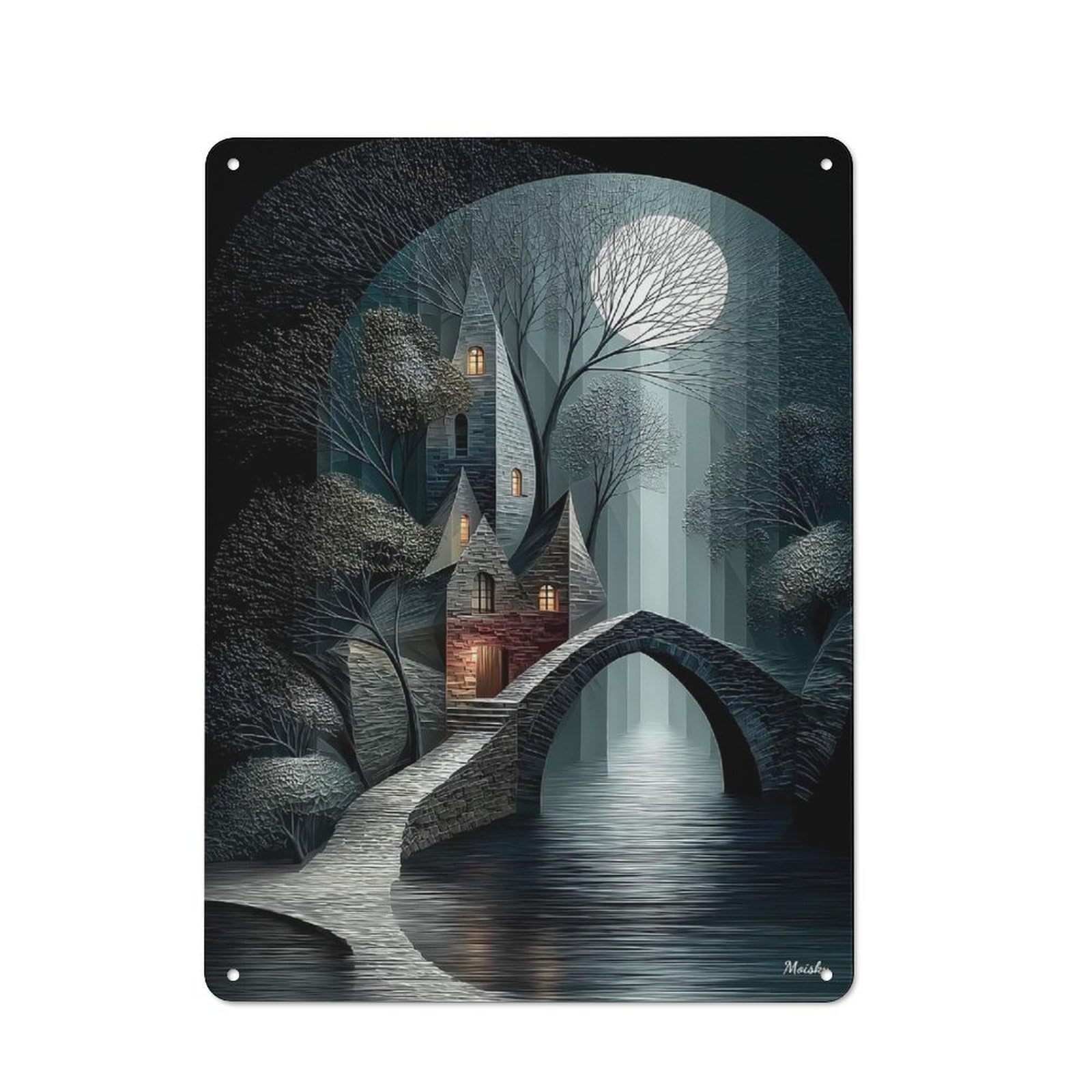 Distressed Look Moonlit Bridge to The Hidden Keep Decorative Tin Sign 40x30cm, Vintage Wall Decor for Lounge, Study, Pub Or Wall Gallery