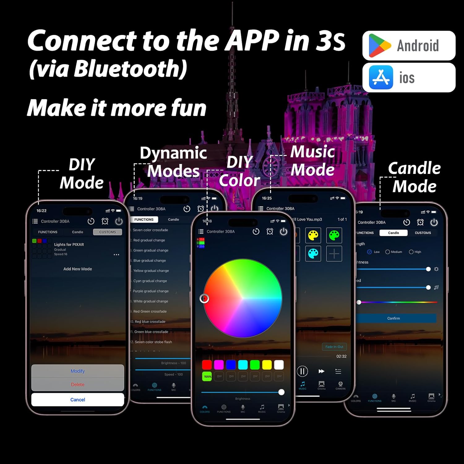 Color Changing LED Light kit Compatible with Lego 21061 Notre Dame, App and Remote Control (No Model Only Light)