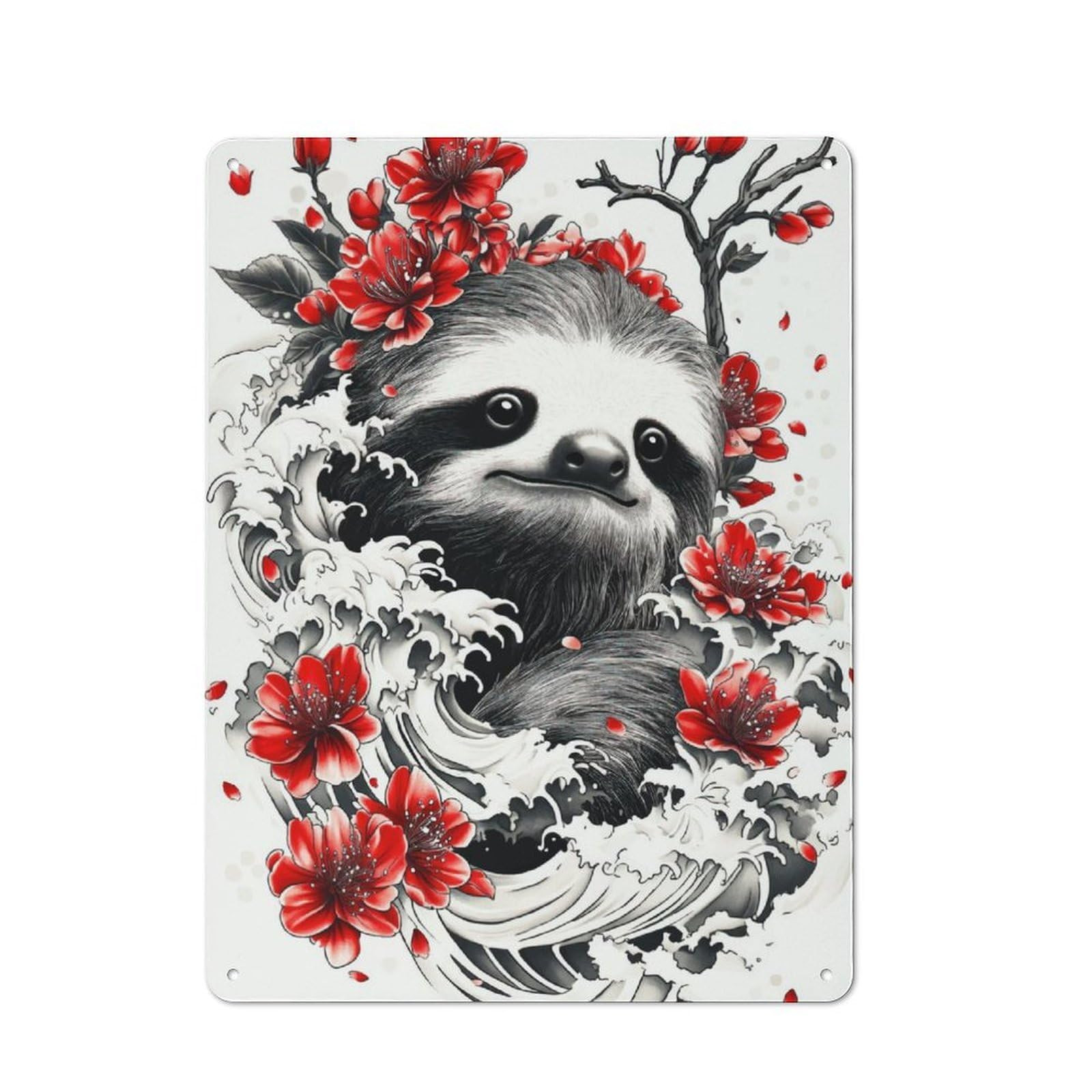 Junmoney Sloth With Cherry Blossoms Retro-Style Metal Plaque 40X30cm For Garage Or Workshop, For Garage, Workshop And Man Cave Decoration