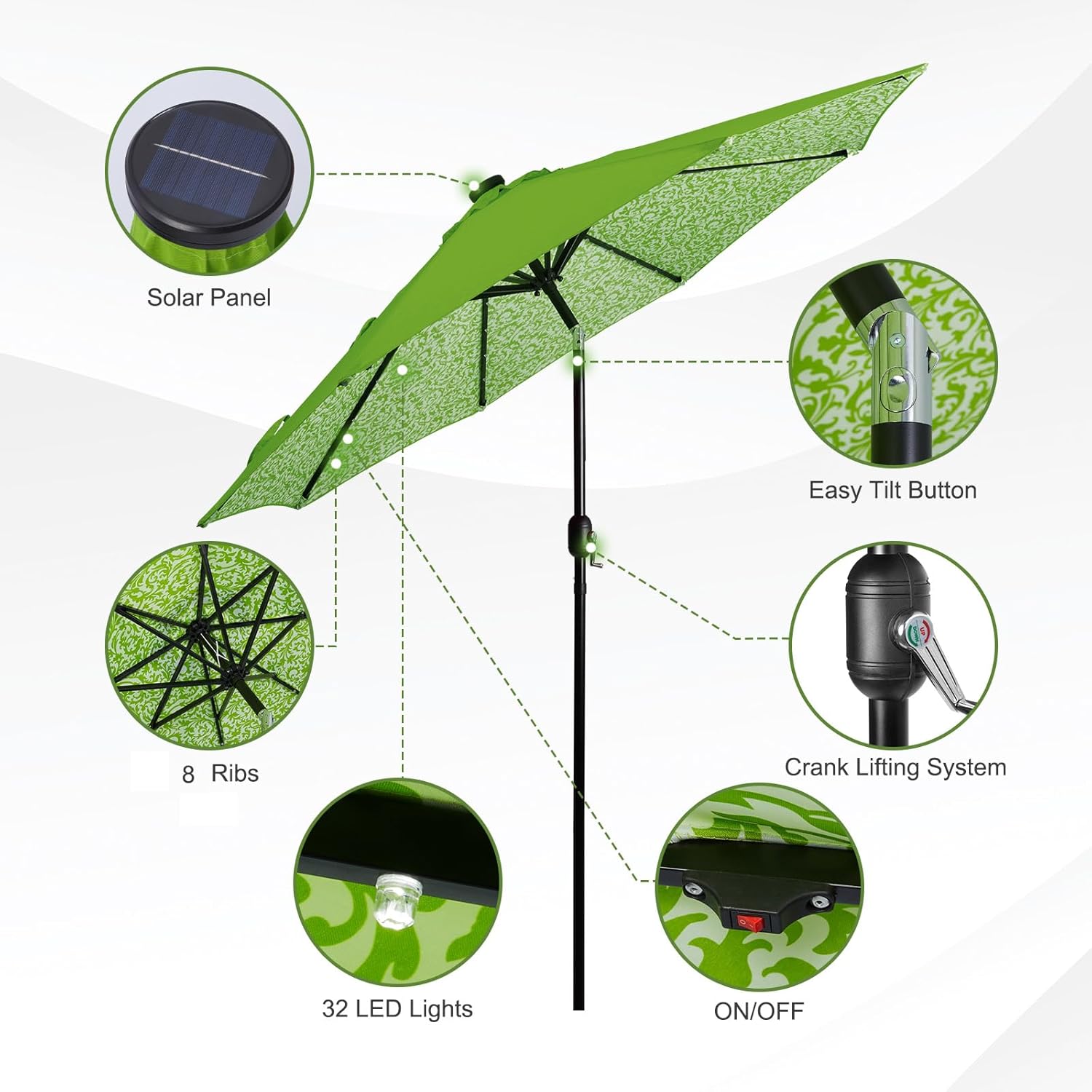Backyard Expressions 9ft Solar Patio Umbrella with 32 LED Lights - Green Floral – Outdoor Market Umbrella with Tilt & Crank, Solar-Powered Lighting
