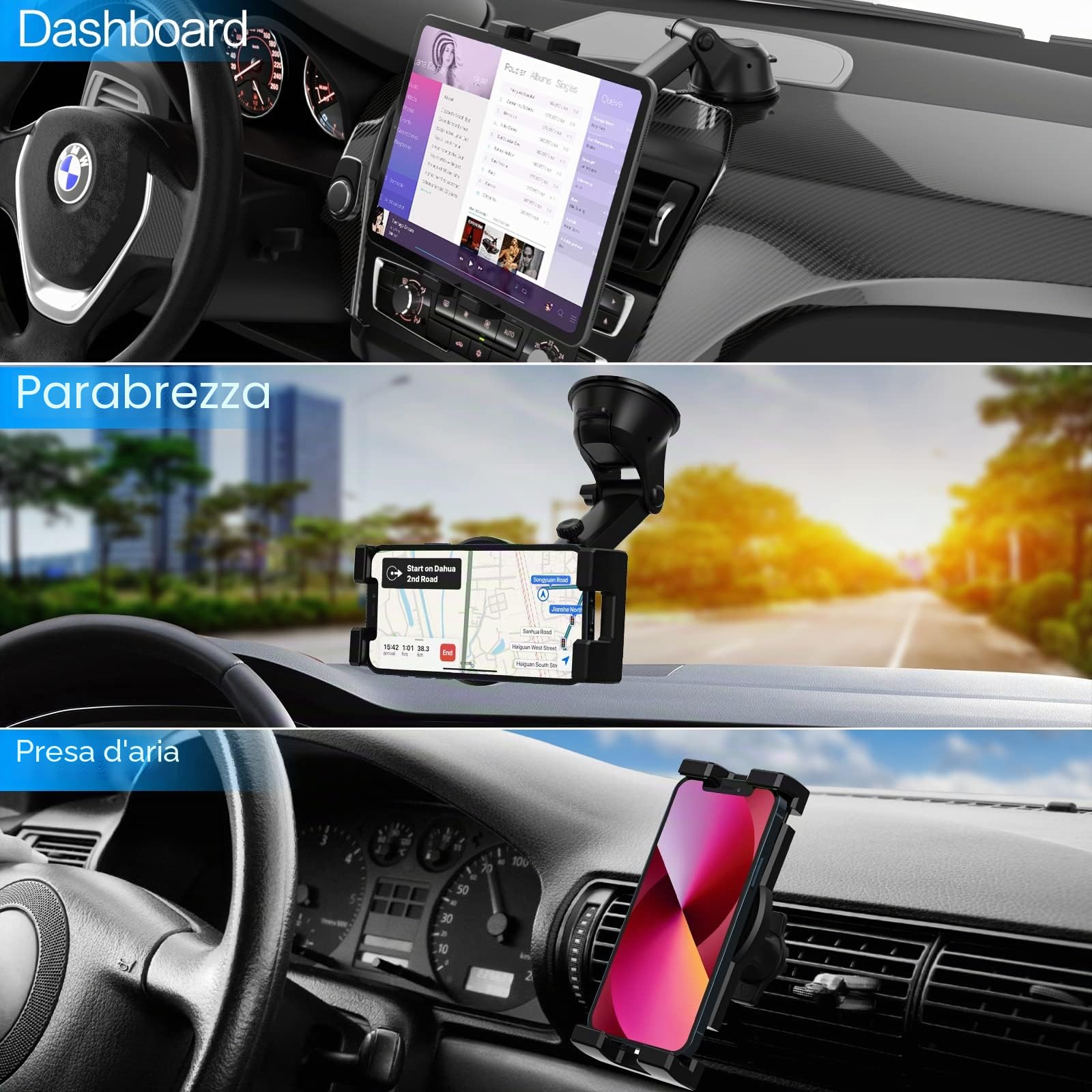 Oilcan Supporto Tablet & Cellulare Auto 3 in 1, Porta Tablet per Cruscotto/Parabrezza/Prese Aria Auto con Ventosa e Rotazionale 360°, per iPad Mini Air Pro, Galaxy, Lenovo, 13 Pro Max (4-12.9")