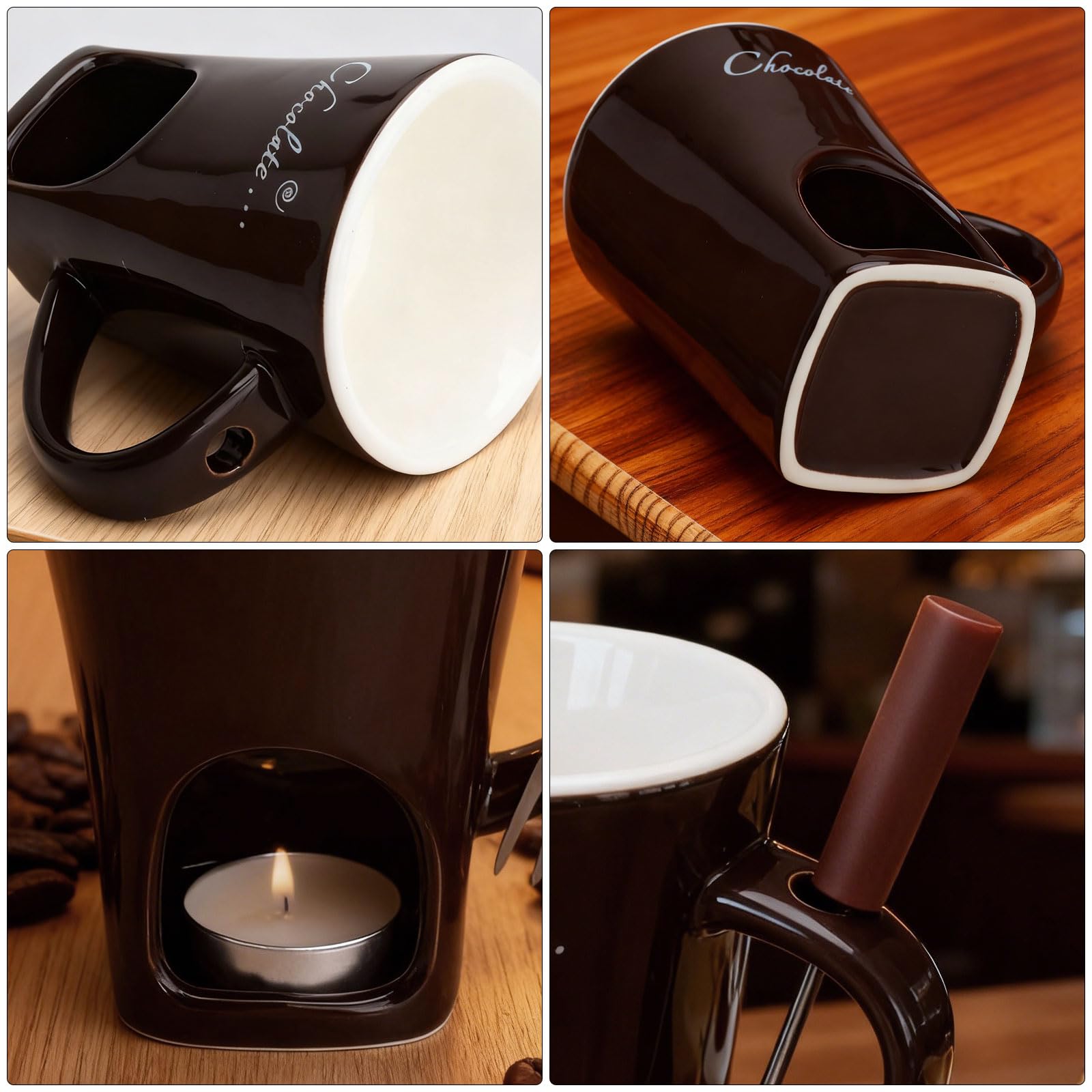 Taza de cerámica para fondue de chocolate, 130 ml, con portavelas y tenedores, fondue de chocolate, juego de fondue de chocolate, juego de fondue de chocolate, cazo para chocolate y queso, mantequilla