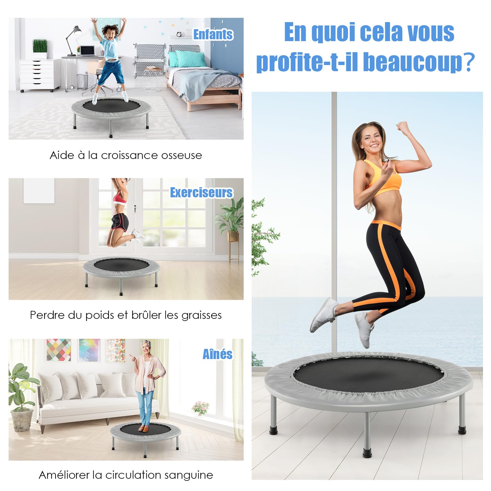 Trampoline Fitness Pliable Ø 97cm, Charge 150 kg, Tapis en PP, 32 Ressorts en Acier, 6 Patins Antidérapants, Trampoline Enfants Adultes Interieur, 360° Protection, Couverture Rembourrée