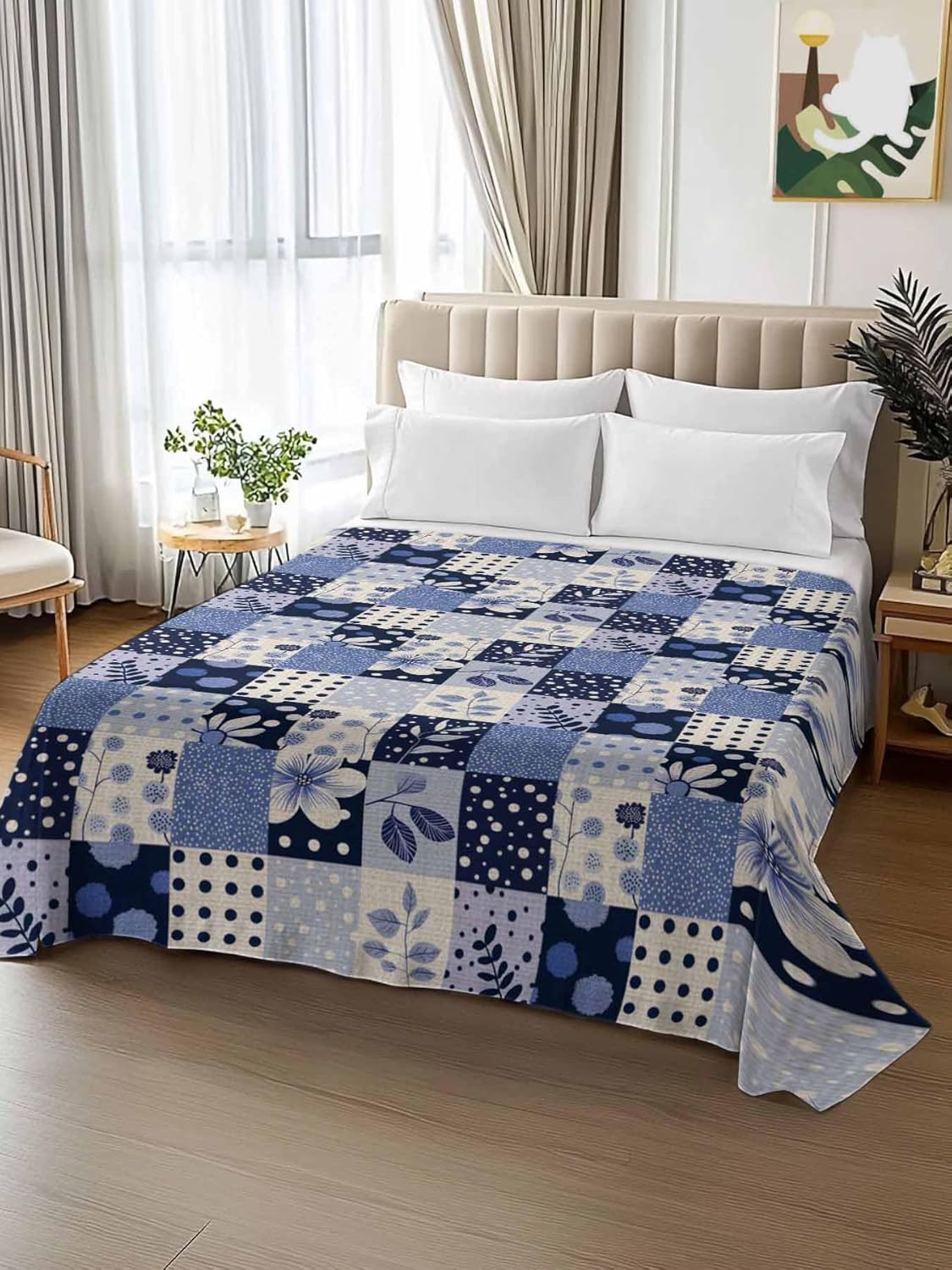 King Flat Sheet, Purple Botanical King Bed Sheets Only, Soft Microfiber Flat Sheet, Summer Vintage Plaid Flower Leaf Hotel Quality Bedding Top Sheet Bedroom Home Dorm Decor