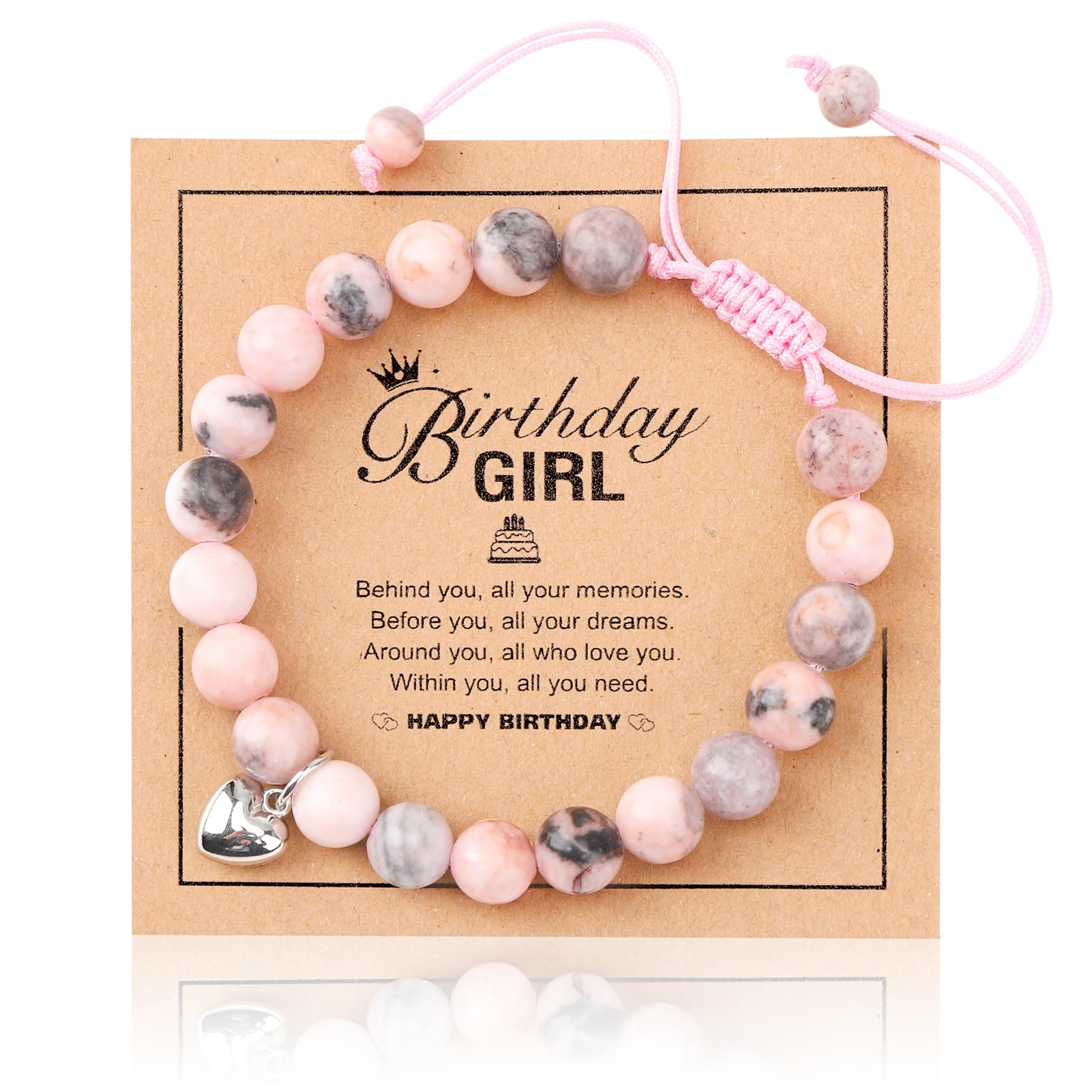 Bracelets for Teenage Girls, Pink Natural Stone Bracelet Gifts with Heart Charm
