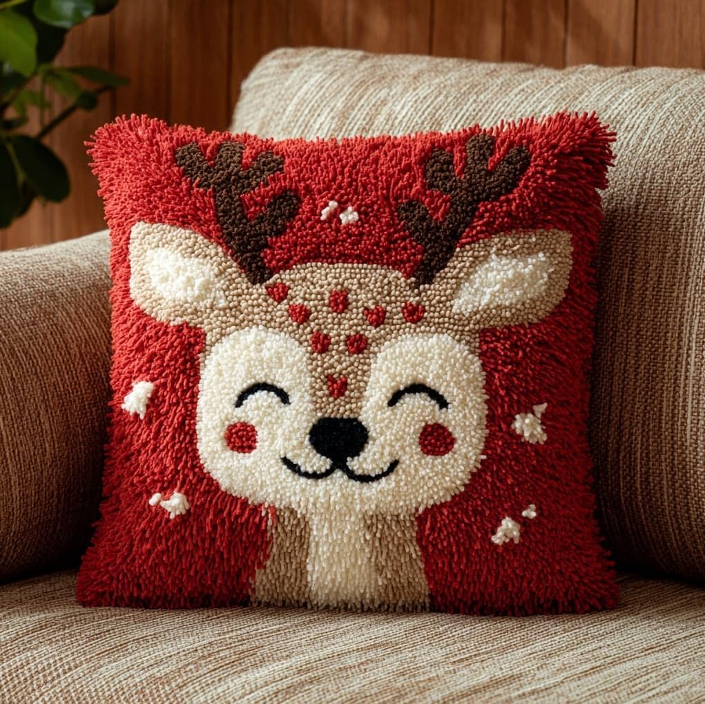 WallustrioaW Latch Hook Pillowcase Cushion Kits,Cartoon Deer,Latch Hook kit Cushion Throw Pillow Embroidery Craft for Beginner Hobby & Craft,17x17in