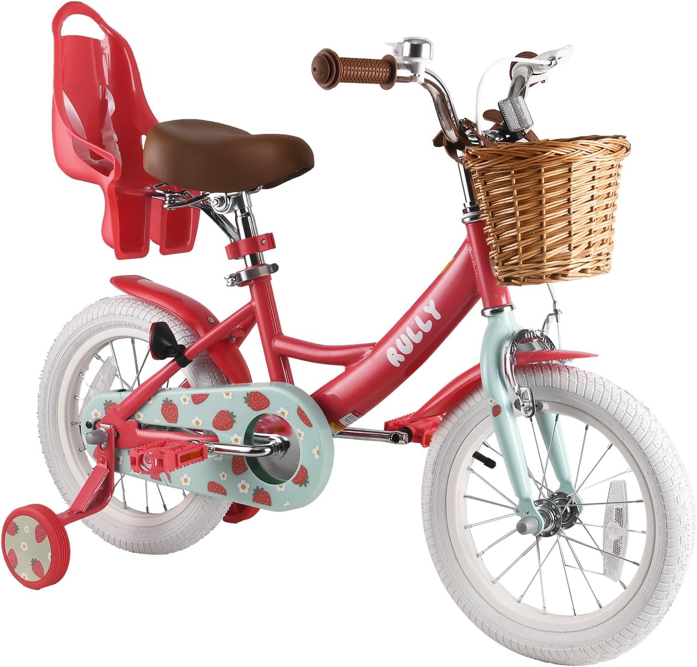 rully fruit kids bike 12 14 16 inch bicycle for girls ages 2-7 years, training wheels included, girl bikes with basket & doll seat strawberry pink 16 inch with training wheels