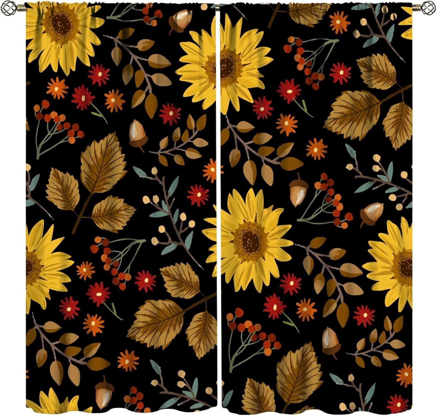 Rideaux occultants pour salon et bureau avec motif plante tournesol 3D