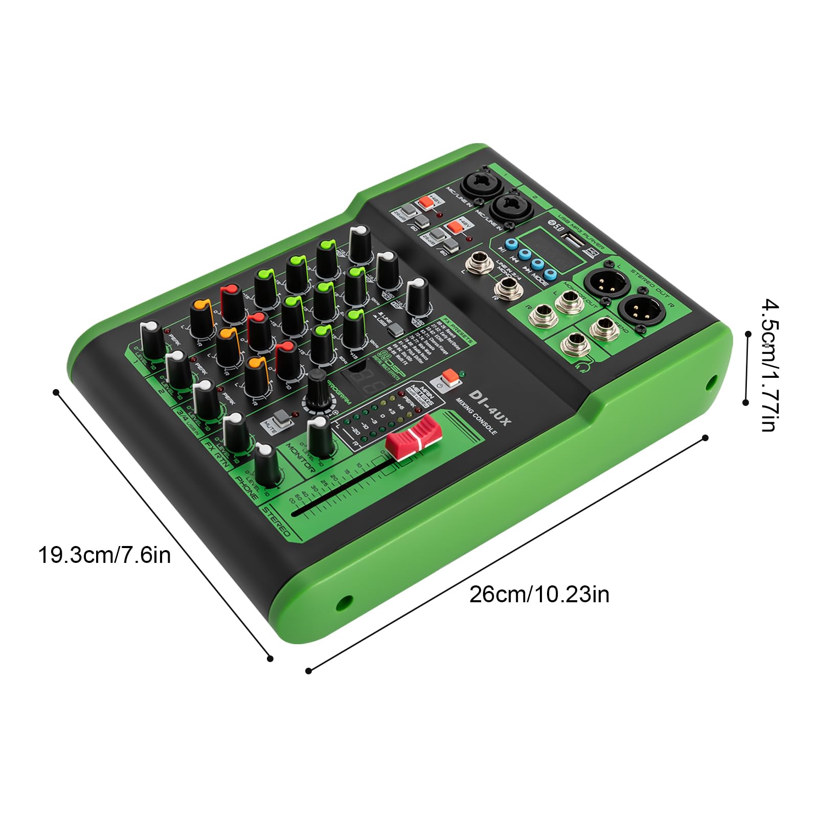Mixer audio professionale, alimentazione phantom, preamplificatore per microfono, serie DI-4UX, verde, 19,3 x 26 x 4,5 cm