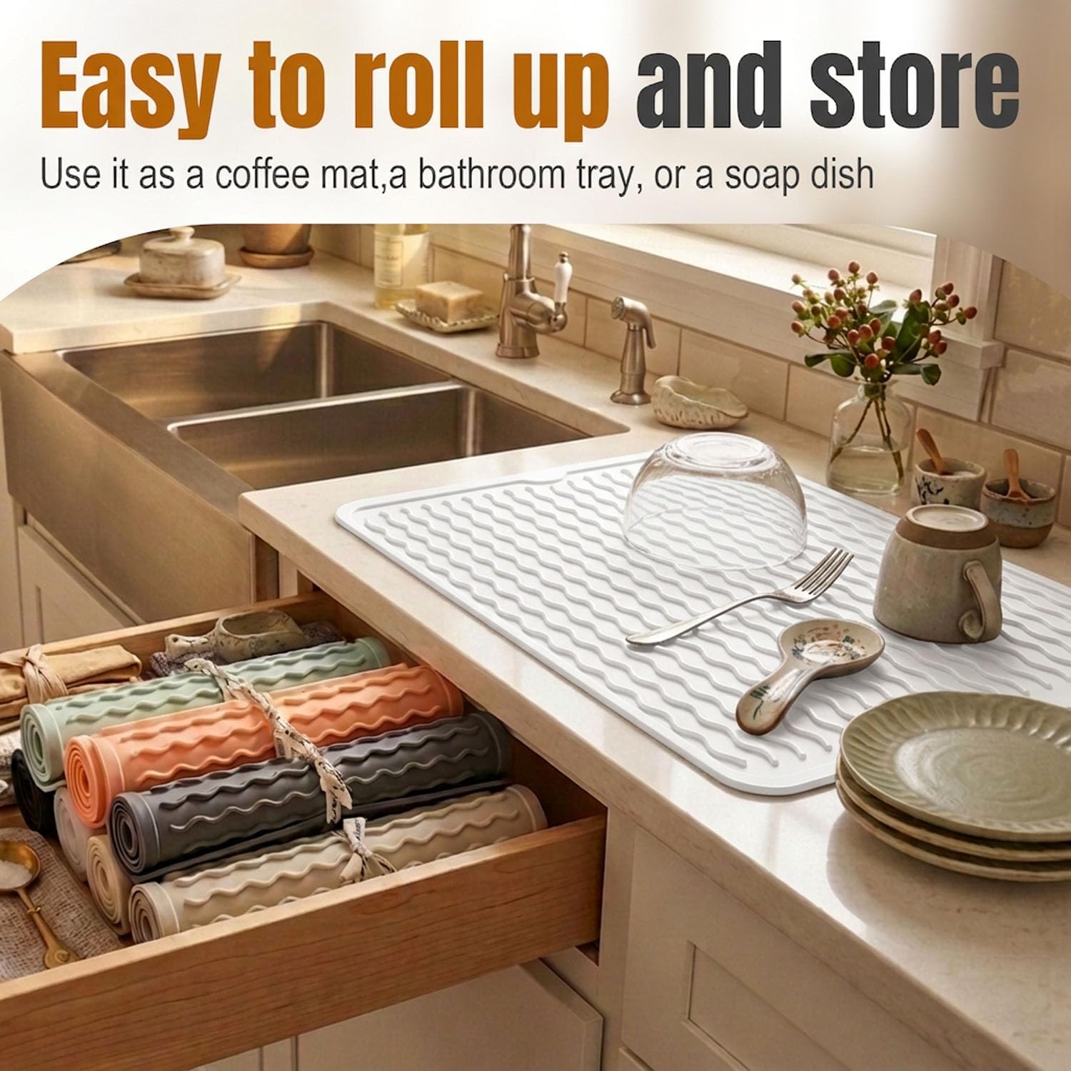 2 Pack Silicone Dish Drying Mat for Kitchen Counter Shower Caddy Rack Waterproof Under Sink Placemats Trivets Coffee Bar Accessories Fridge Organizer Must Haves Extra Large 24"x18" White image 3