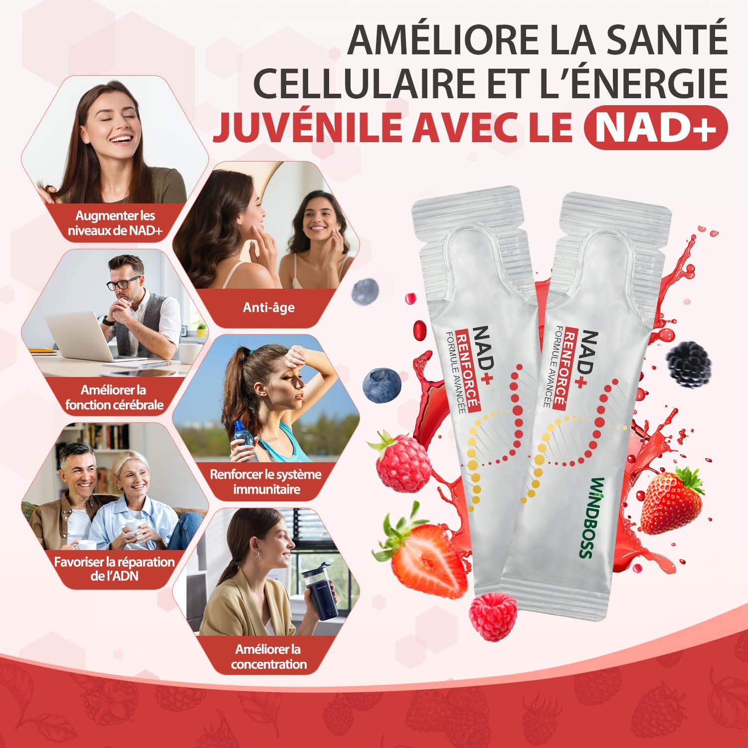 Windboss Liquide à Haute Puissance NAD+ 1000mg, NRHM ULTRA RENFORCÉ & PHYTOSOME DE QUERCÉTINE, TRANS-RESVÉRATROL– Stimule l'Énergie Cellulaire, la Concentration et le Vieillissement Sain