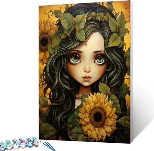 Juego de pintura de girasoles amarillos para niñas de dibujos animados por números, 16 x 20 pulgadas, lienzo acrílico al óleo para bricolaje, arte