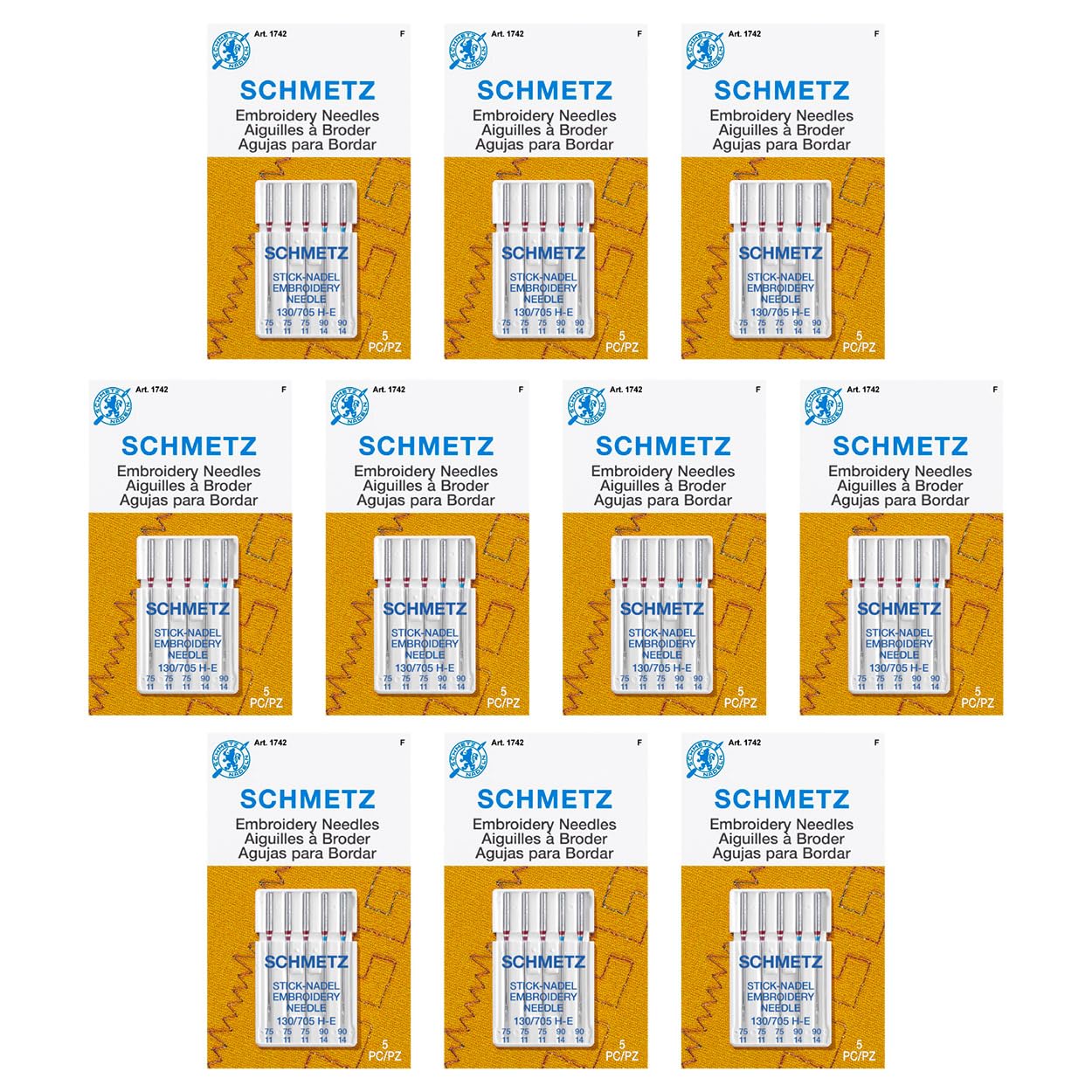 SCHMETZ Embroidery Sewing Machine Needles - Precision Needles, Assorted Sizes, 5- Needle Cards, Pack of 10