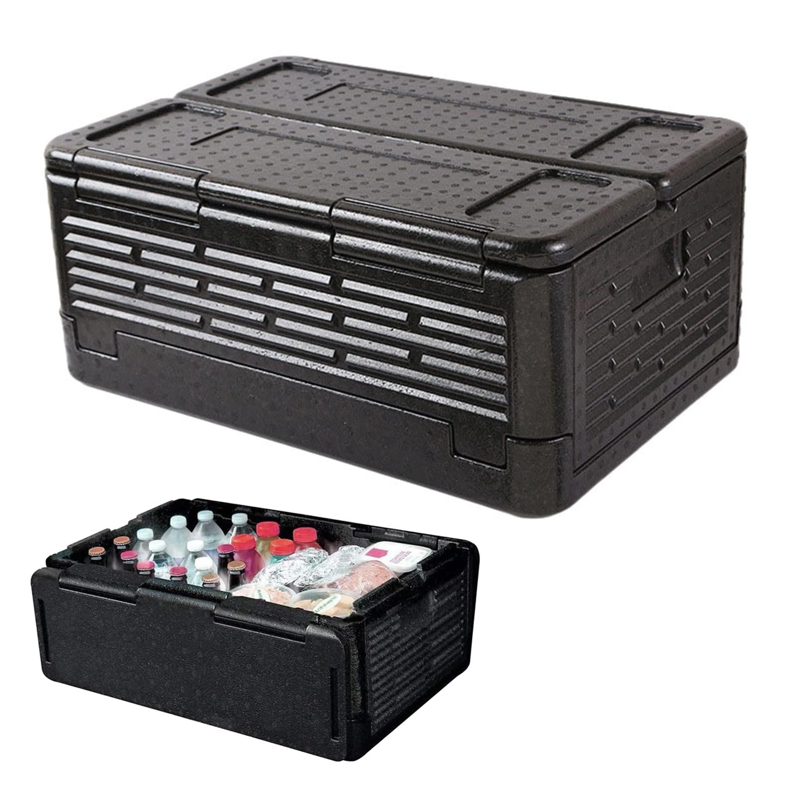 Scatola termica pieghevole da 40 l, in polistirolo, 60 x 41 x 25 cm, per cibo con coperchio integrato, multifunzionale, per campeggio, picnic, cibo e trasporto (nero)