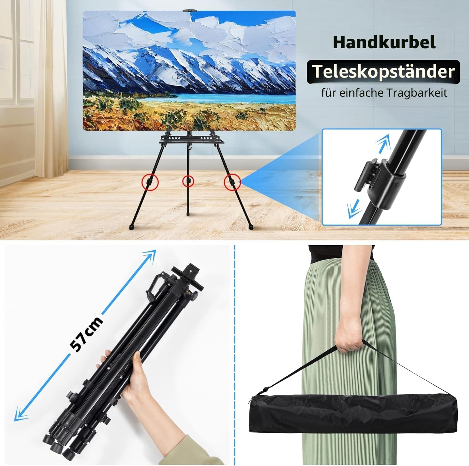 Staffelei groß L 50-152cm, Atelierstaffelei, Künstler Staffelei, Verstellbare Staffeleien, Feldstaffelei aus Aluminium mit Tasche/Fässer, Stativ Staffeleien für Kuntsmalerei und Werbung