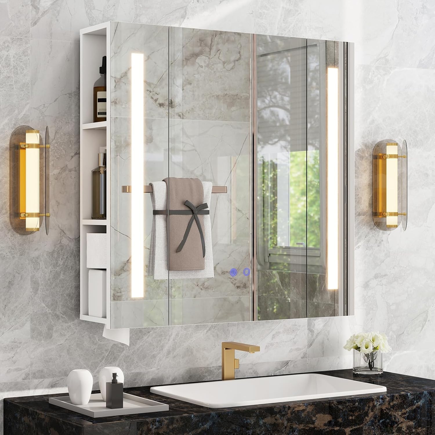 YU YUSING Mueble de Baño de Pared, Armario con Espejo y Estantes | Espejo LED 70 x 16 x 70 cm y Puertas Ajustables, Antivaho, Regulable en 3 Colores, Madera MDF, Blanco