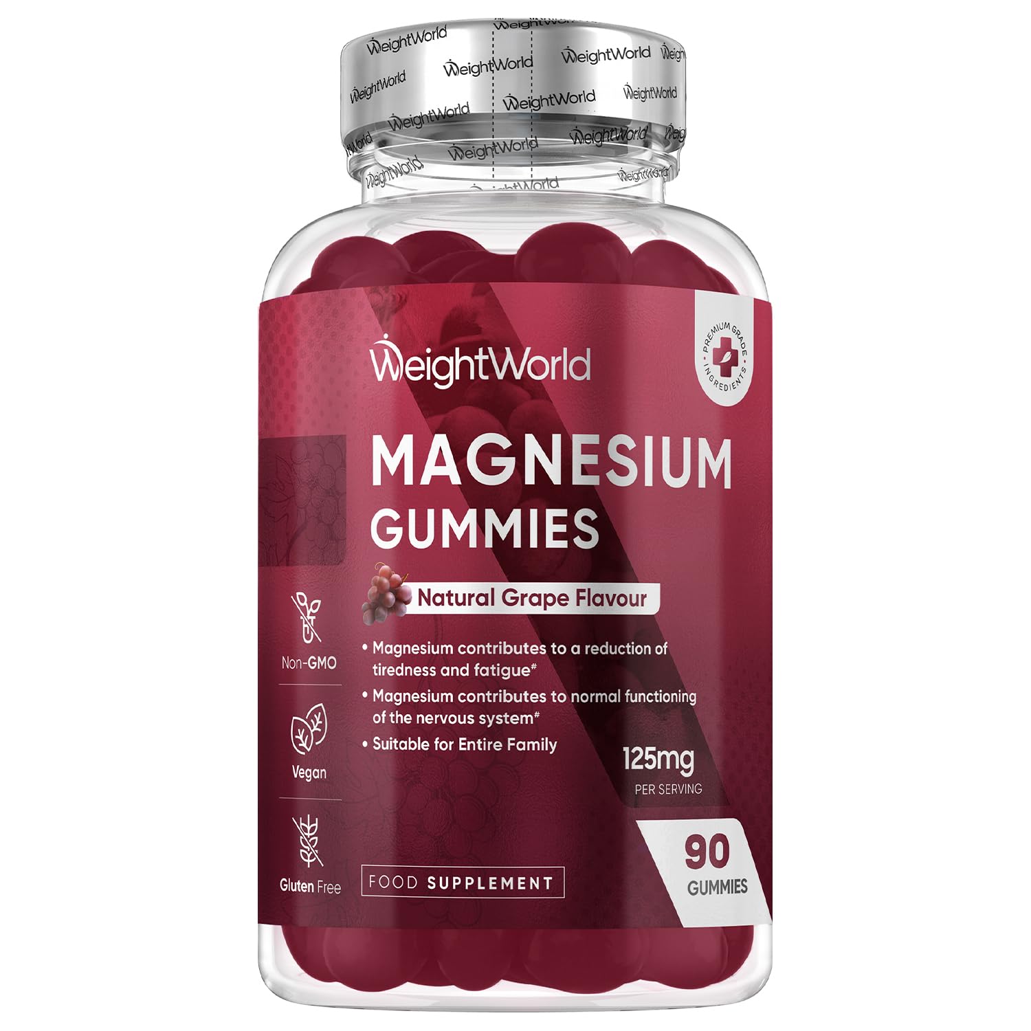 Magnesium Gummies | 90 Vegan Gummies | 125mg Magnesium Supplements | 45 Days Supply | Natural Grape Flavour | Gluten-Free