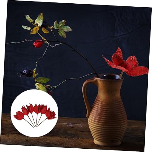 Miniatura 7 de Amosfun 6 piezas de flores artificiales de Navidad, decoración del hogar, flores rojas, magnolia, hojas de nochebuena con purpurina, flores de