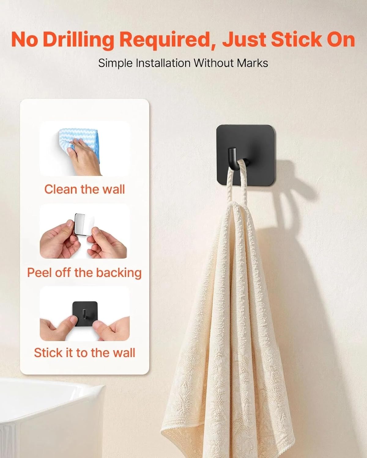 Adhesive Hooks, 4 Pack Self-Adhesive Towel Coat Hooks, Heavy-Duty Wall Hook Hold