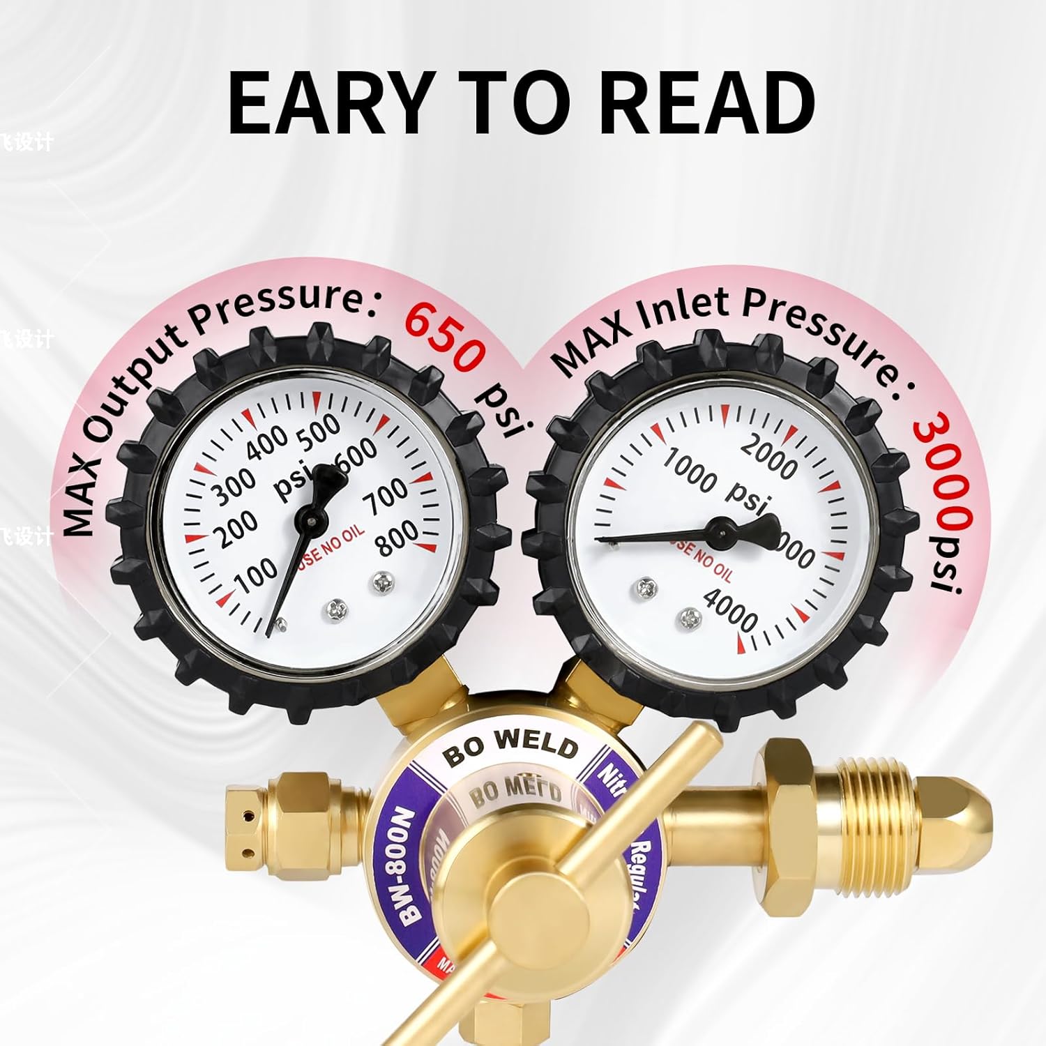 BO WELD Nitrogen Regulator with 0-800 PSI, CGA580 Inlet Connection and 1/4'' Male Flare Outlet Connection Gauges