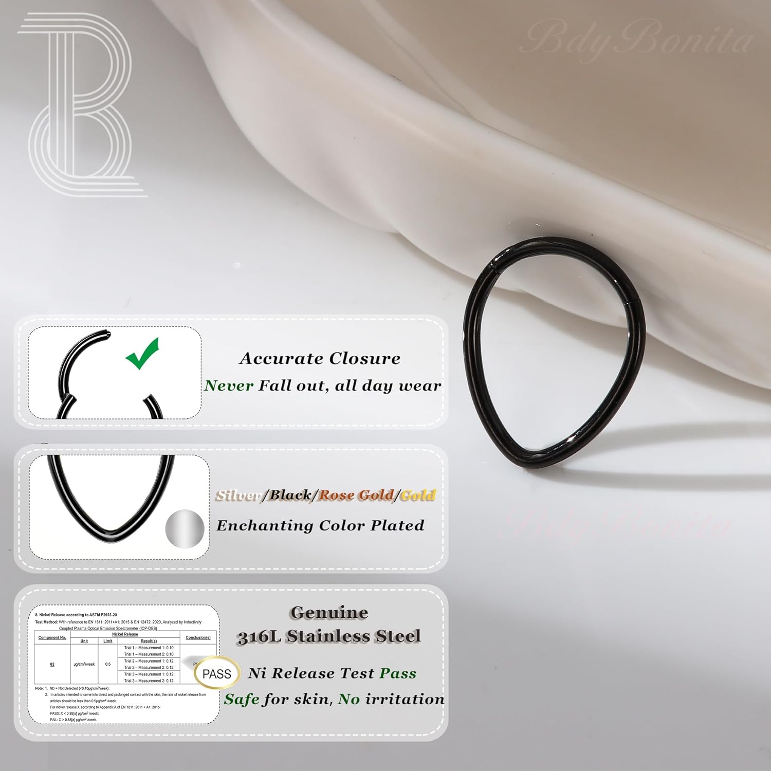 BodyBonita 16G Septum Rings Teardrop - 316L Surgical Steel Nose Rings Hoops Hinged Cartilage Earrings for Women Conch Daith Piercing Jewelry Helix Rook Lip Gold Plated/Silver/Black/RoseGold Plated - Image 3