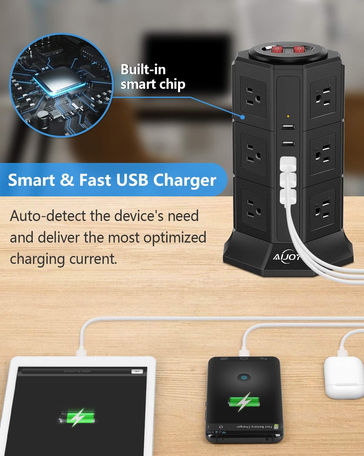 Power Strip Tower Extension Cord 10 FT, 1050J Surge Protector Charging Station with 12 AC Outlets 5 USB Ports for Home Office Use - Black