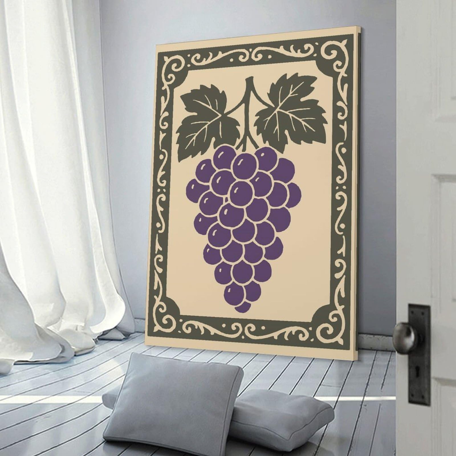 Junmoney Room Decor Wall Art Purple Grapes Illustration with Decorative Border, 24x36inch(60x90cm), for Gallery Wall Decor And Room Displays, An Easy Match for Collected Prints
