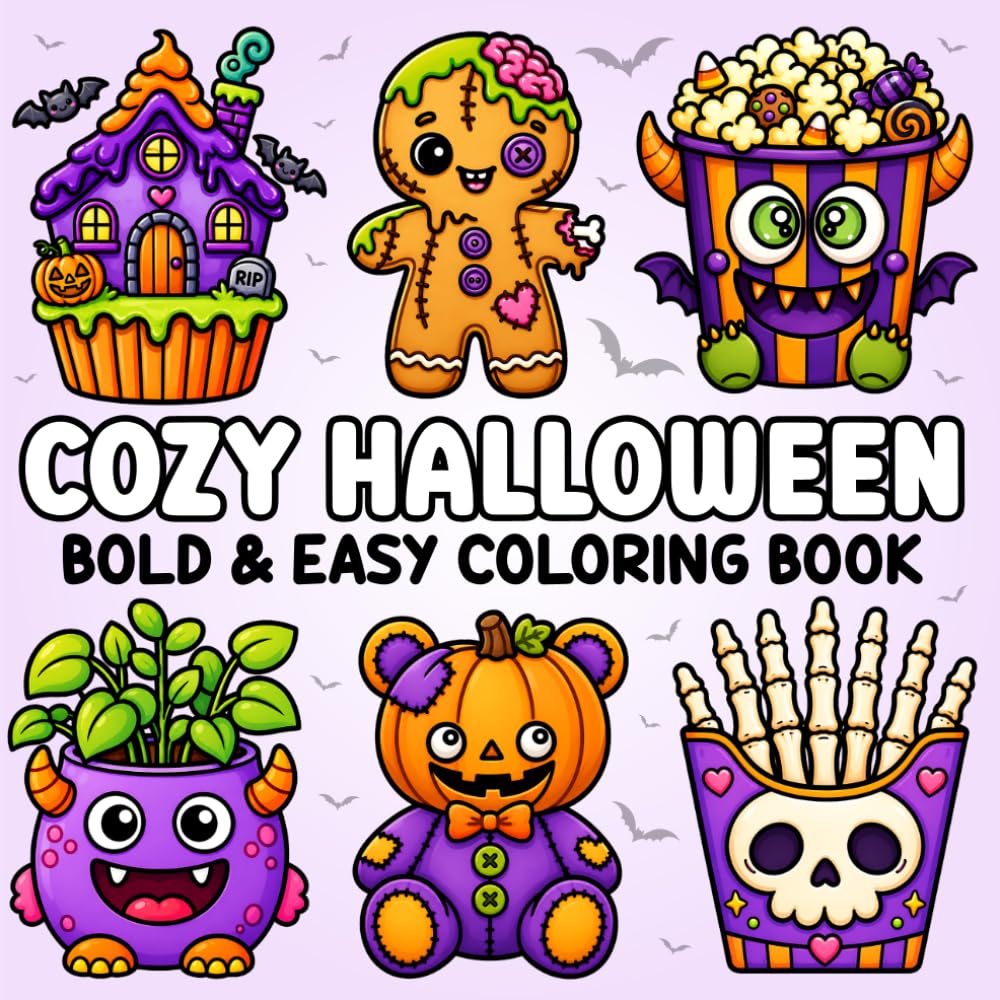 Cozy Halloween Bold and Easy Coloring Book: 50 Spooky Cute Pages Featuring Creepy Creatures, Ghosts, Silly Monsters, Skeletons, Pumpkins, Bats, and More for Simple Coloring Fun