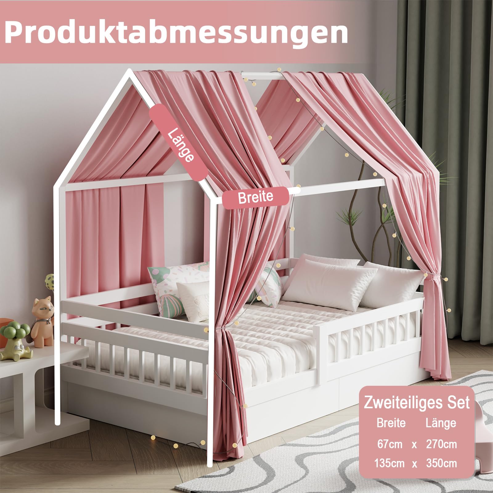 Hausbett Himmel mit Lichterkette 2 Stück Deko Baldachin Hausbett Vorhang,Betthimmel Stoffhimmel Hausbett für Mädchen Jungen Kinderbett,135 x 350 cm Rosa