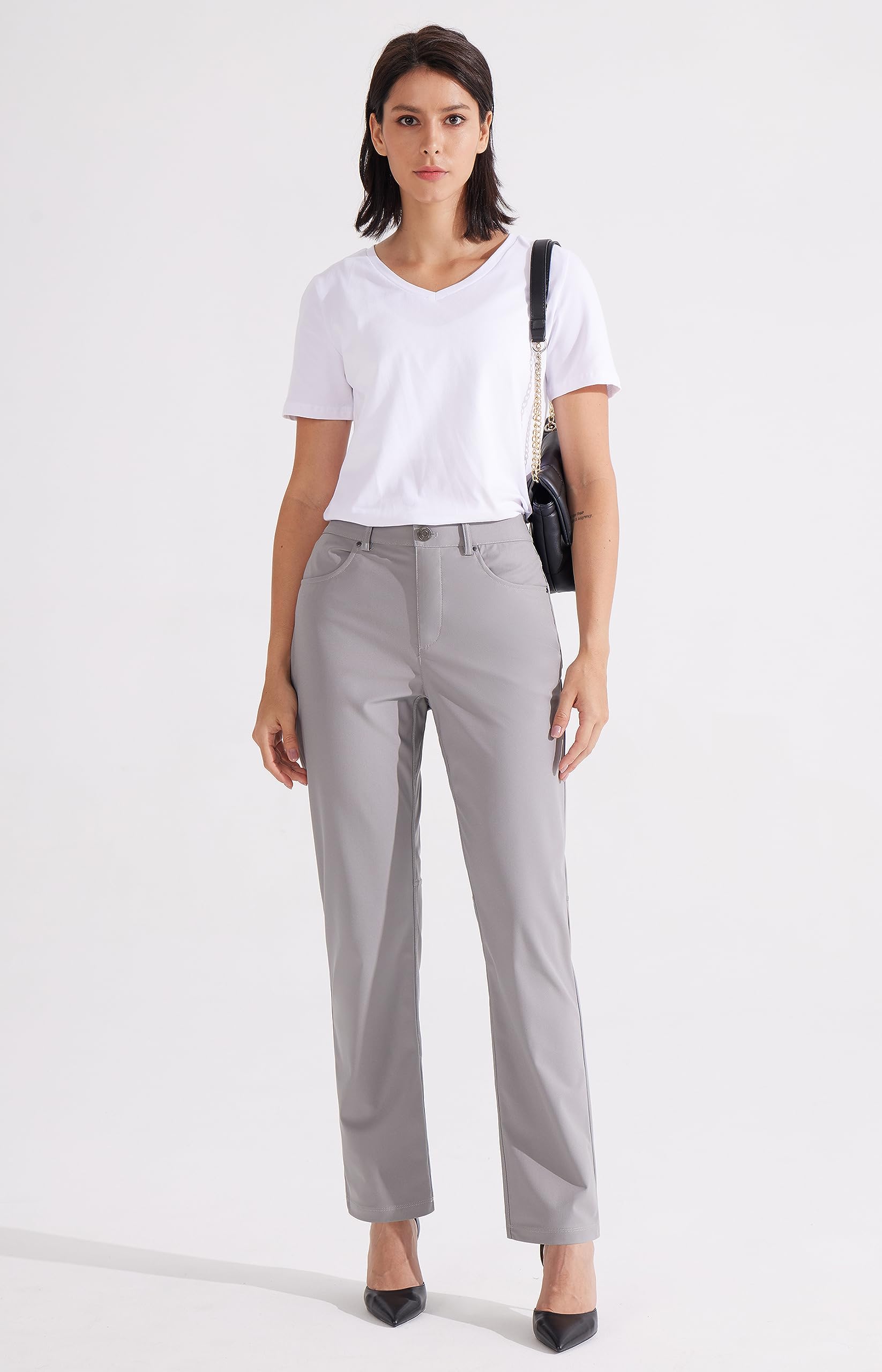 Libin Pantalon habillé pour femme 73,7 cm, 78,7 cm, extensible, jambe droite, pantalon de travail, pantalon de golf décontracté pour le bureau, le travail, le voyage, léger, gris clair, 38
