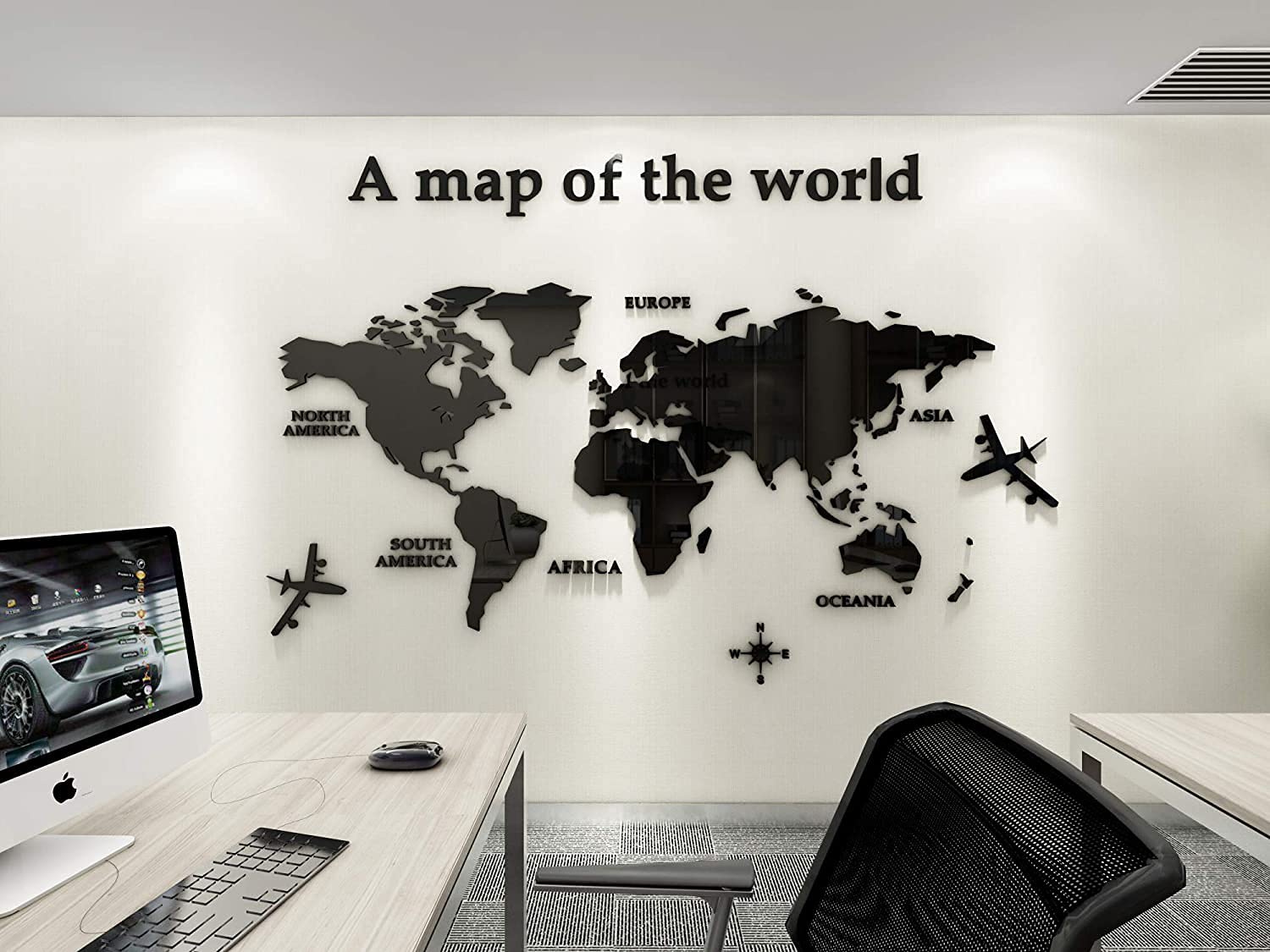 PYXZQW 3D World Map Wall Acrylic material, Creative DIY World Map Modern Home Wall Sculpture for Home Wall Arts Modern Decor,Black,230 * 120cm