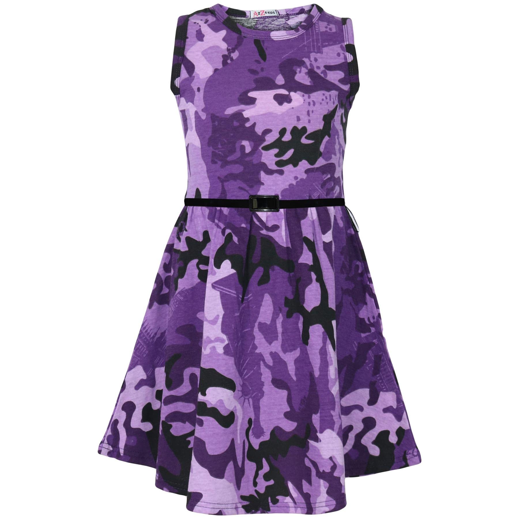A2z 4 Kids Girls Purple Sleeveless Skater Dress With Belt Cotton - A2z Camo Skater Dress 13