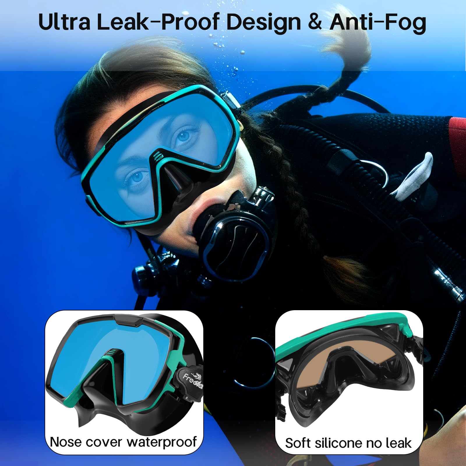 Freela Maschera da nuoto per adulti con copertura per il naso, in vetro temperato, anti appannamento, impermeabile, 180°, trasparente, ampia visuale, uomini e donne
