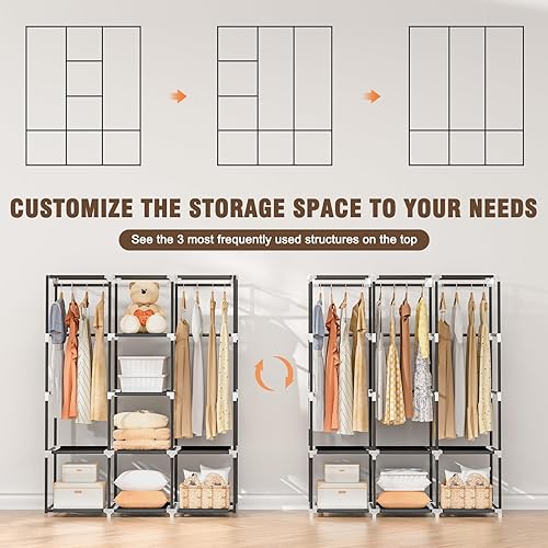 Miniatura 3 de Armario portátil para colgar ropa, perchero independiente con tapa, 3 varillas para colgar, 6 estantes de almacenamiento y 2 bolsillos laterales