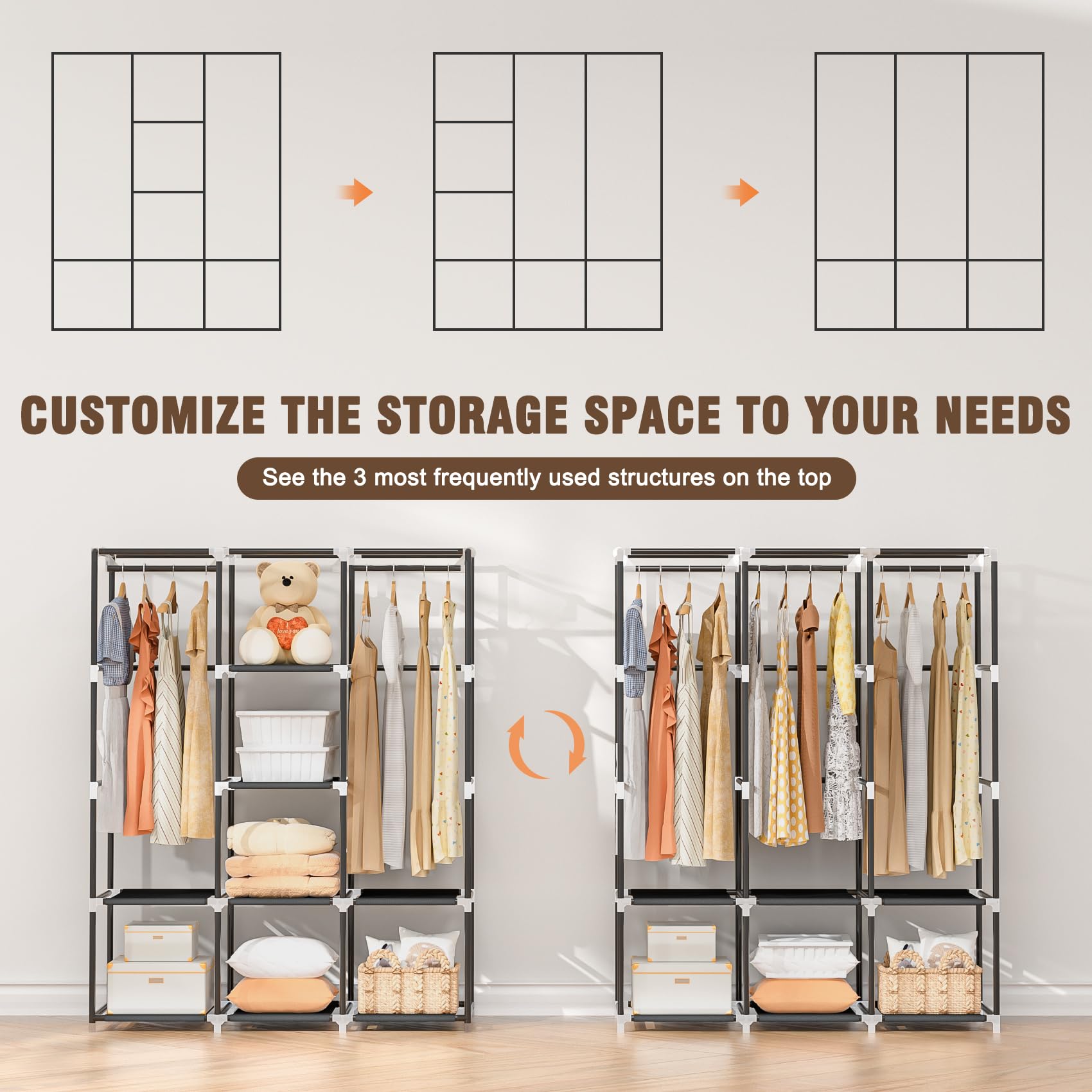 Portable Wardrobe Closet With Cover - 63 Inch Free Standing Clothes Rack With 3 Hanging Rods & 6 Shelves