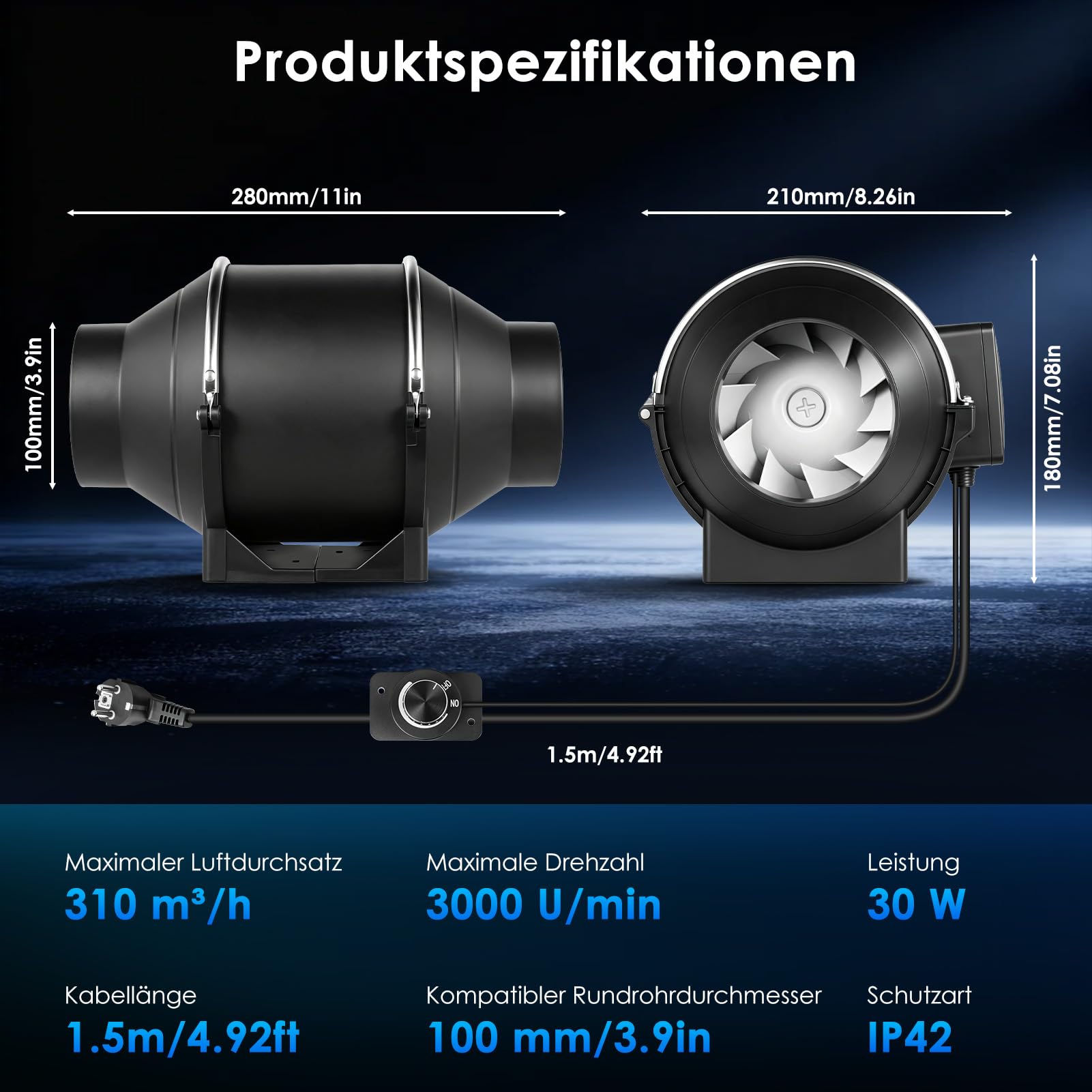 Rohrventilator 100mm Regelbar Geschwindigkeit 0-310 m³/h 30W Rauchabzug Ventilator Rohrlüfter | Leise Kanalventilator Abluftventilator Bad Lüfter für Wintergarten Gewächshaus Zelt Garage