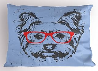 Ambesonne Yorkie Pillow Sham, Yorkshire Terrier Portrait Red Nerd Glasses Tainted Backdrop Animal, Decorative Standard Size Printed Pillowcase, 26