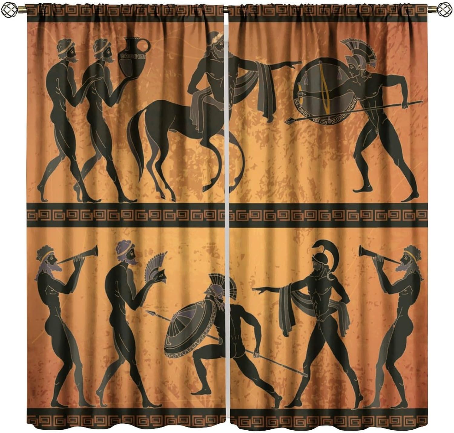 Ancient Greece Warrior Blackout Window Curtain, Minotaur Hunting Centaur Black Figure Pottery Classical Greece for Home Kitchen Restaurant Decoration Window Curtain 2Panel 42" W X 45" L