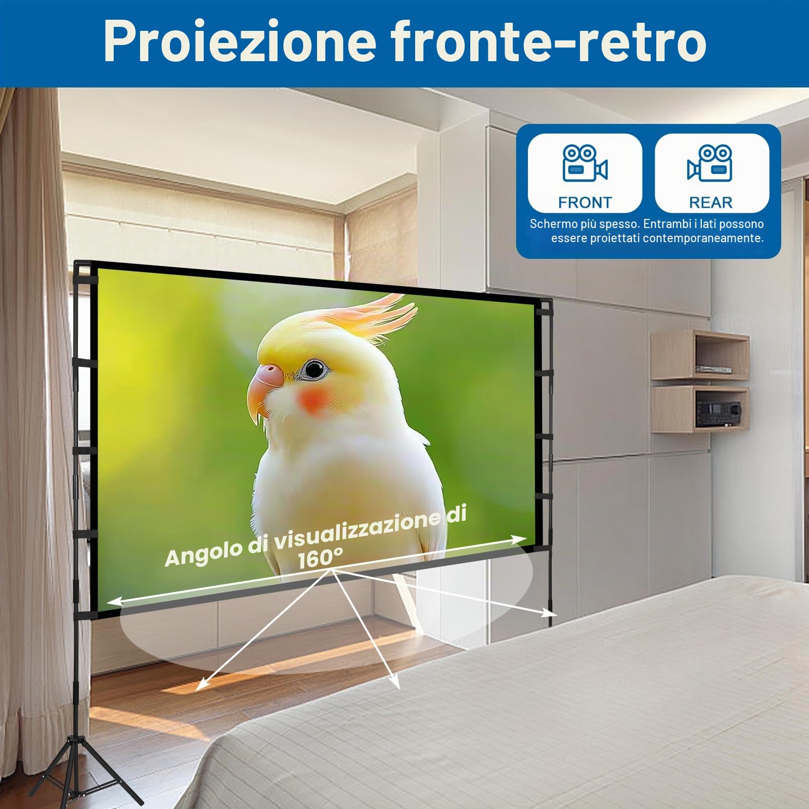Schermo Proiettore con Supporto 100", 4K HD 16:9 Portatile Schermo Proiettore, Grandangolo di 160 Gradi, Perfetta per Teatro Domestico Festa, Outdoor