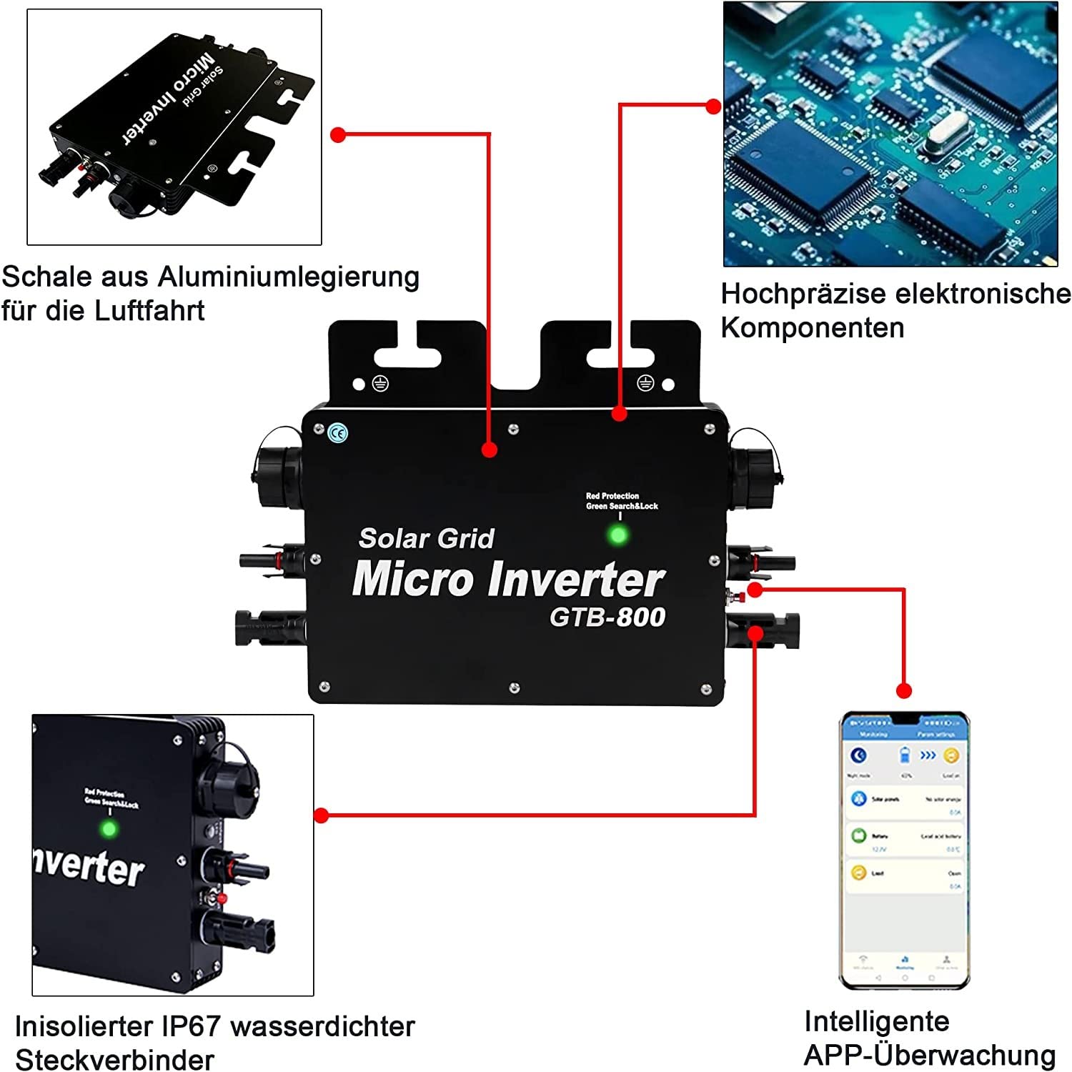 Micro Onduleur Solaire Grille Tie Inverter 800W WiFi Contrôle Micro Onduleur Solaire Onduleur Contrôleur DC À AC 120 230V Auto Identification IP65 Étanche Micro Onduleur