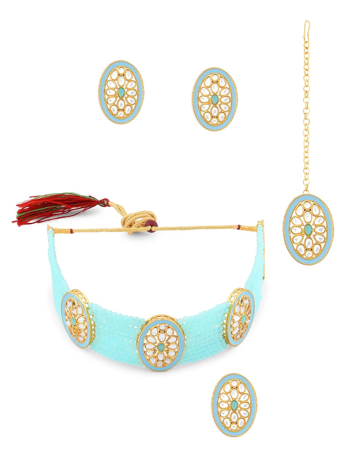 ZAVERI PEARLS Turquoise Multistrand Kundan Choker Necklace Earring Maangtikka & Ring Set For Women-ZPFK12631