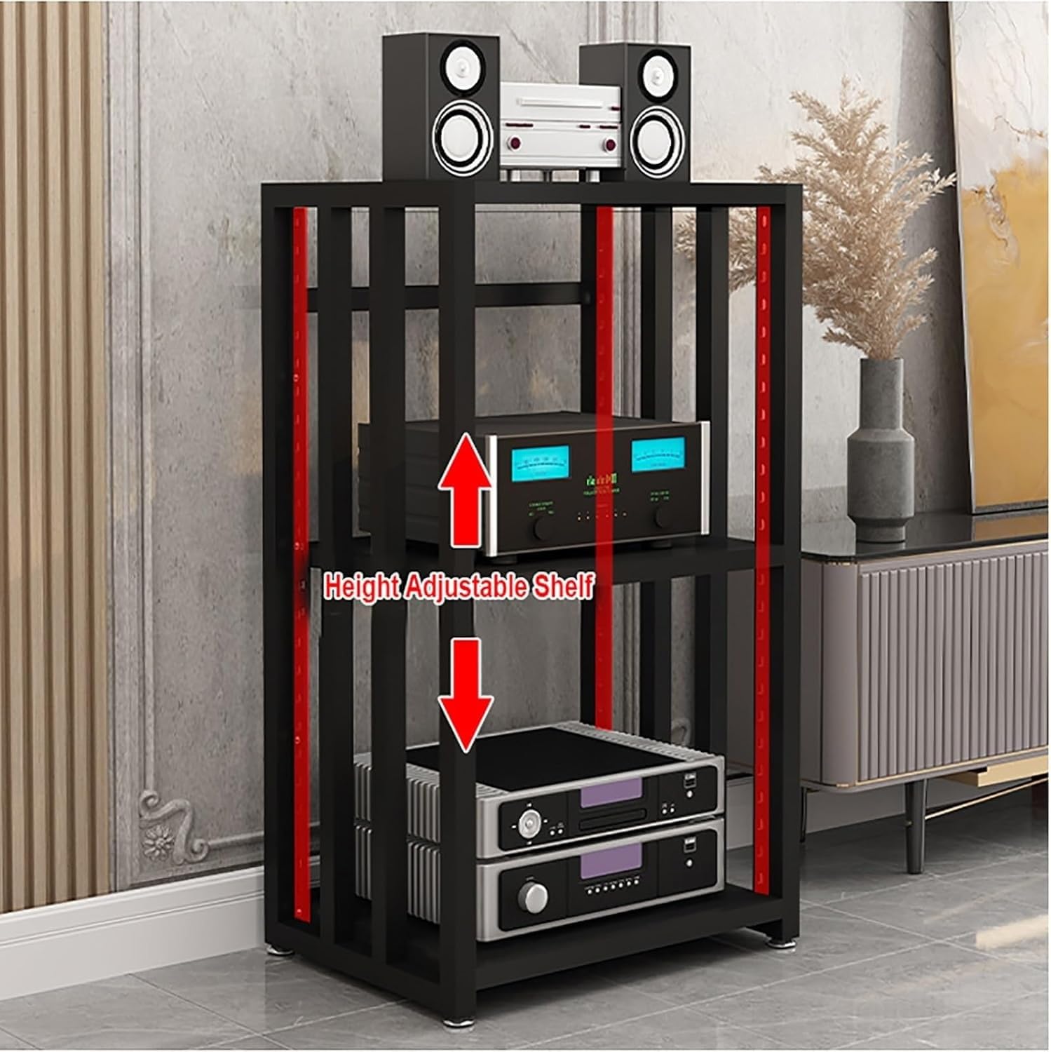 Estante HiFi para Equipos de música, Tocadiscos, Multimedia de 4 Niveles, Mueble HiFi con estantes Ajustables, para componentes HiFi en casa, Oficina, Audio, vídeo, DJ, Cine (Estilo 1)