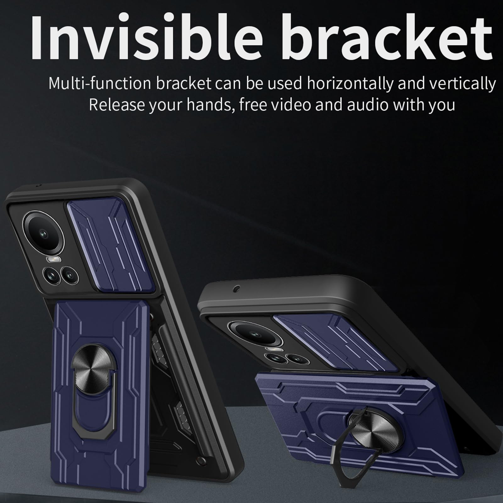 MEMELOKA Cover per OPPO Reno 10/Reno 10 Pro 5G, Rigida PC Back e TPU Bumper Antiurto Custodia Protettiva[Slidable Fotocamera Proteggi][Slot per Schede][Supporto Girevole] - Nero
