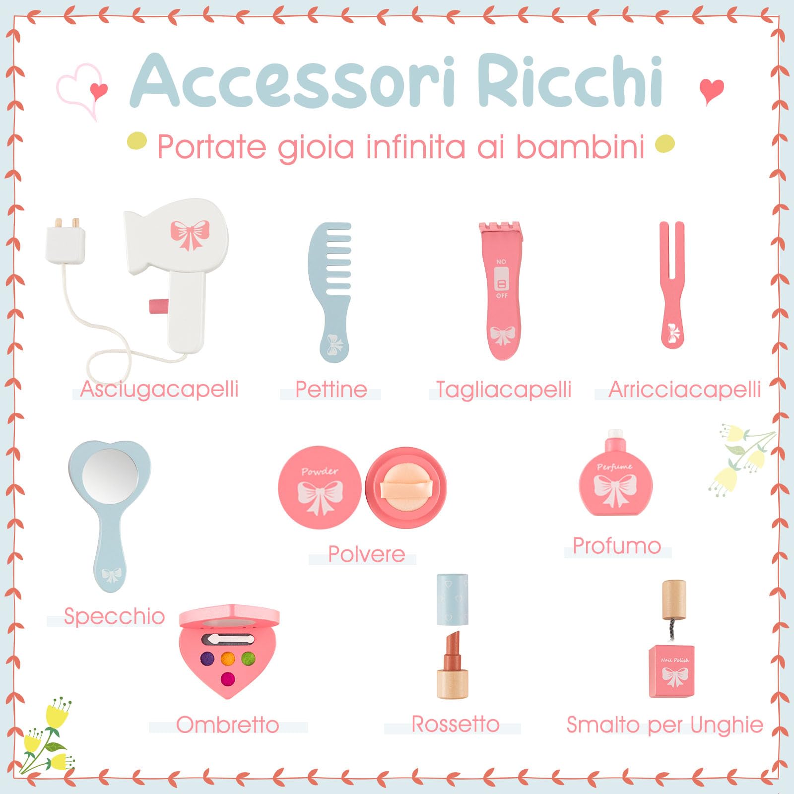 COSTWAY Toeletta Trucco 2 in 1 per Bambina, Specchiera Staccabile per Ragazza in Legno con Sgabello, Cassetto, Ripiani e Giocattoli, Postazione Trucco per 3 Anni, 50 x 34 x 93 cm, Bianco