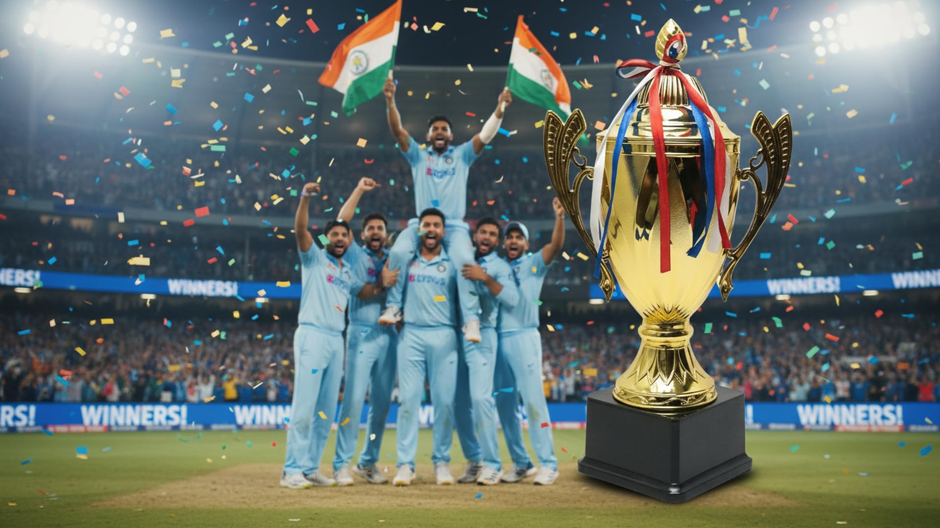 Trophy for Cricket | Cricket Cup Trophy Big Size (Winners Trophy) Award for Best Cricketer (38 cm Approx. 15 inches). | Dual Handles, Ornate Design, Award Trophy, Flame Finial Top, Red Blue White Ribbon-picture-23