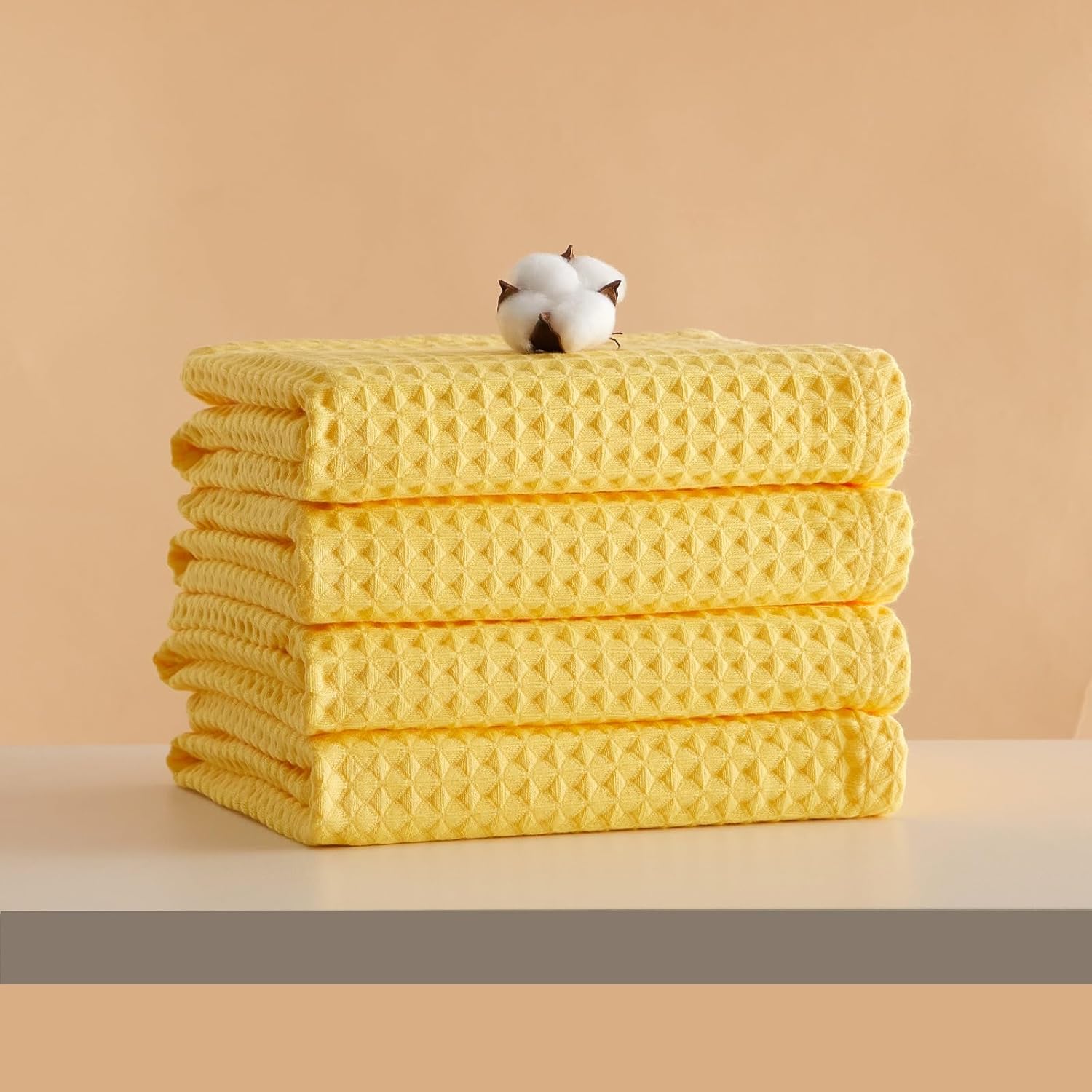 AMWAN Cotton Waffle 4 Piece Bath Towel Set, Yellow, Ultra