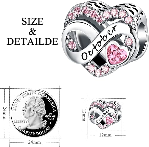 Miniatura 6 de Abalorios de piedra natal de octubre de plata esterlina 925 para pulsera, collar, día de la madre (octubre)