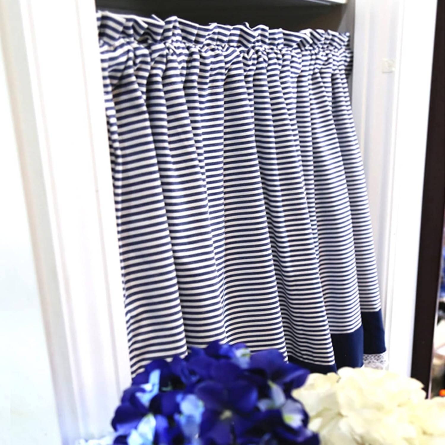 Kitchen Curtains Cotton Dark Blue Striped Tier Curtains, Small Window Curtains Valance Light Filtering, for Cafe/Cupboard/Bathroom/RV (Size : W130xH60cm/51x23.6in)