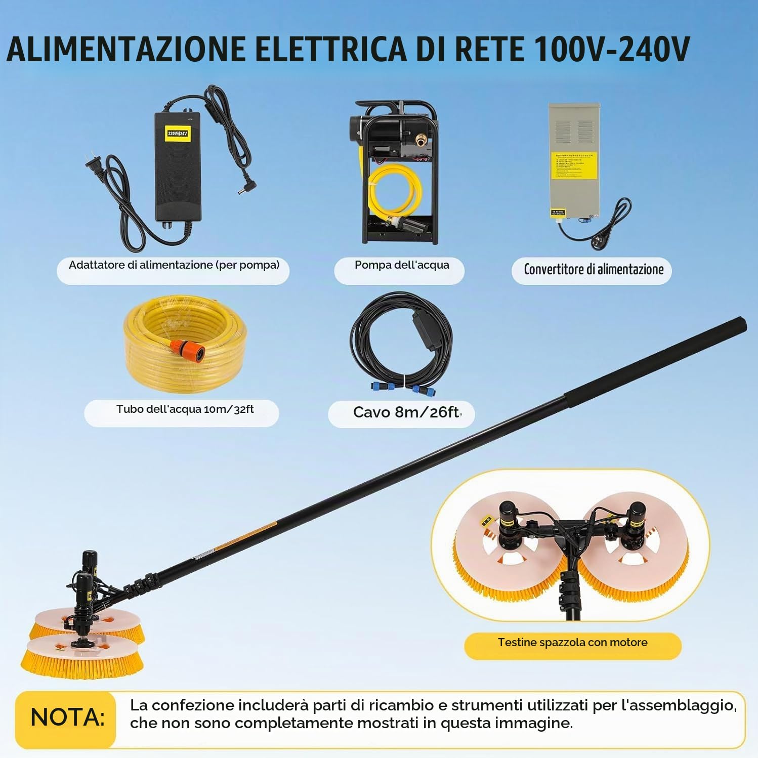 Macchina Elettrica per La Pulizia Dei Pannelli Fotovoltaici, Spazzola per La Pulizia a Spruzzo D'acqua per Pannelli Solari, Spazzola Rotante per La Pulizia Pannelli Fotovoltaici,3.5m-MainsElectricity