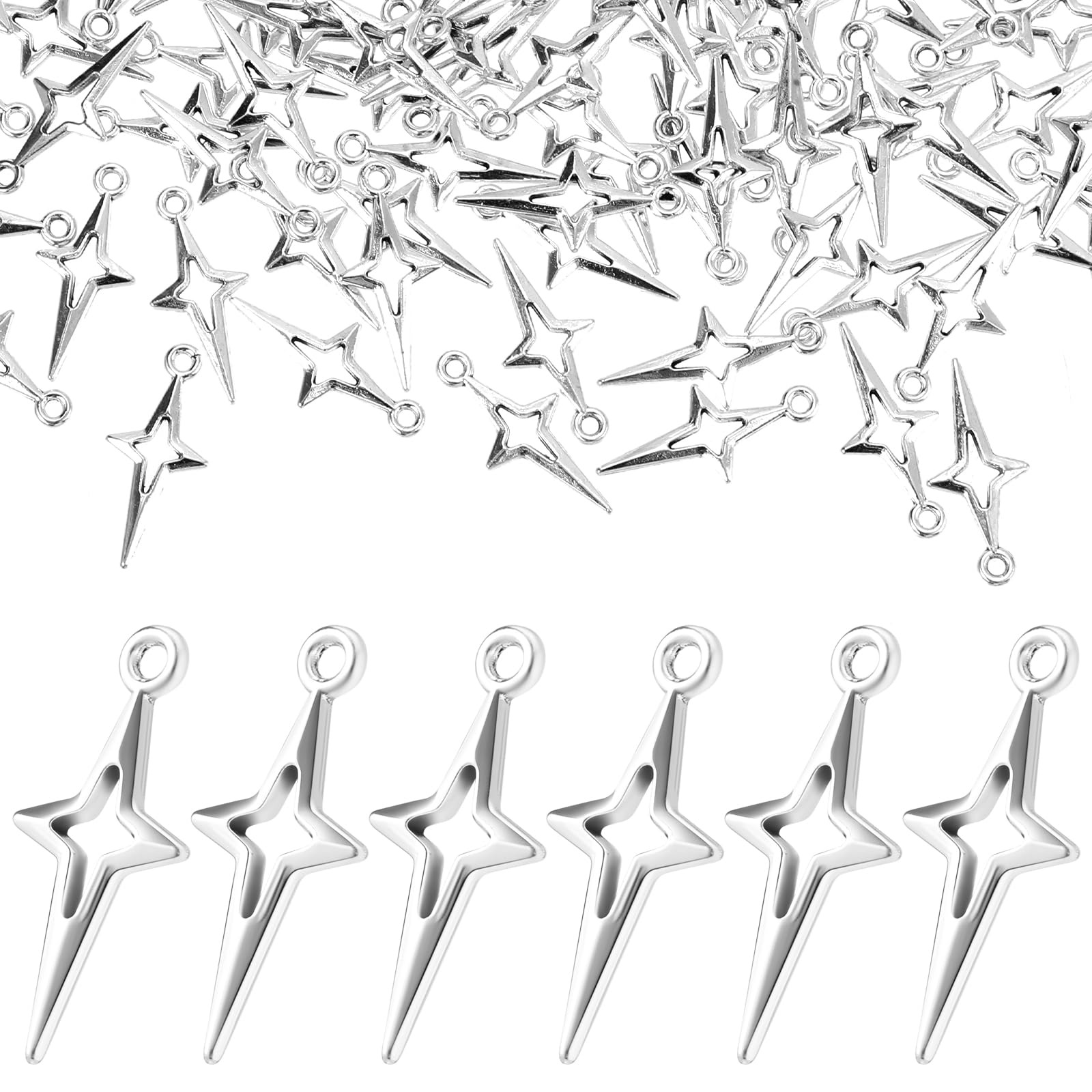 Mabor200Pcs Silver Star Charms, Star Charms for Jewelry Making Small Metal Hollow Four-pointed Star Charms for DIY Craft Bracelet Earrings Necklace Pendant Aesthetic Charm Connectors